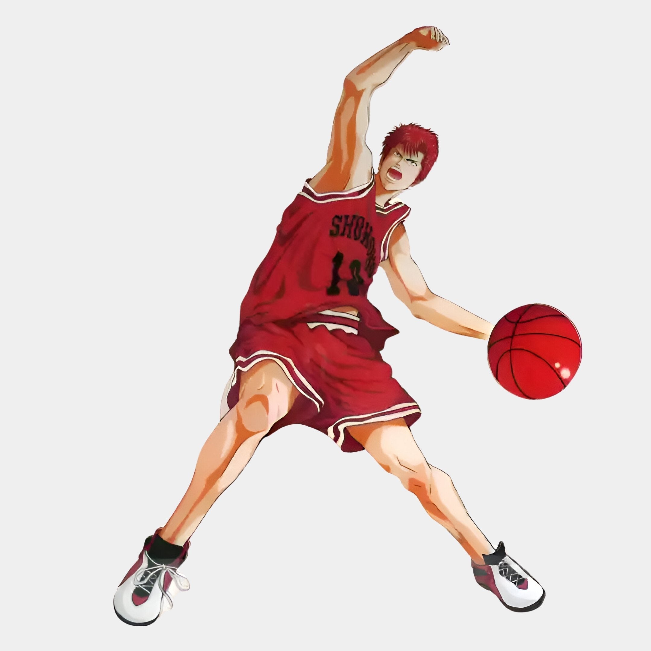 A red-haired anime basketball player in a red jersey and sneakers jumps with one arm raised, dribbling a glowing ball inspired by Giant Sculptures’ Enlustra I Game On UV Wood LED Wall Art and its vibrant LED effects.
