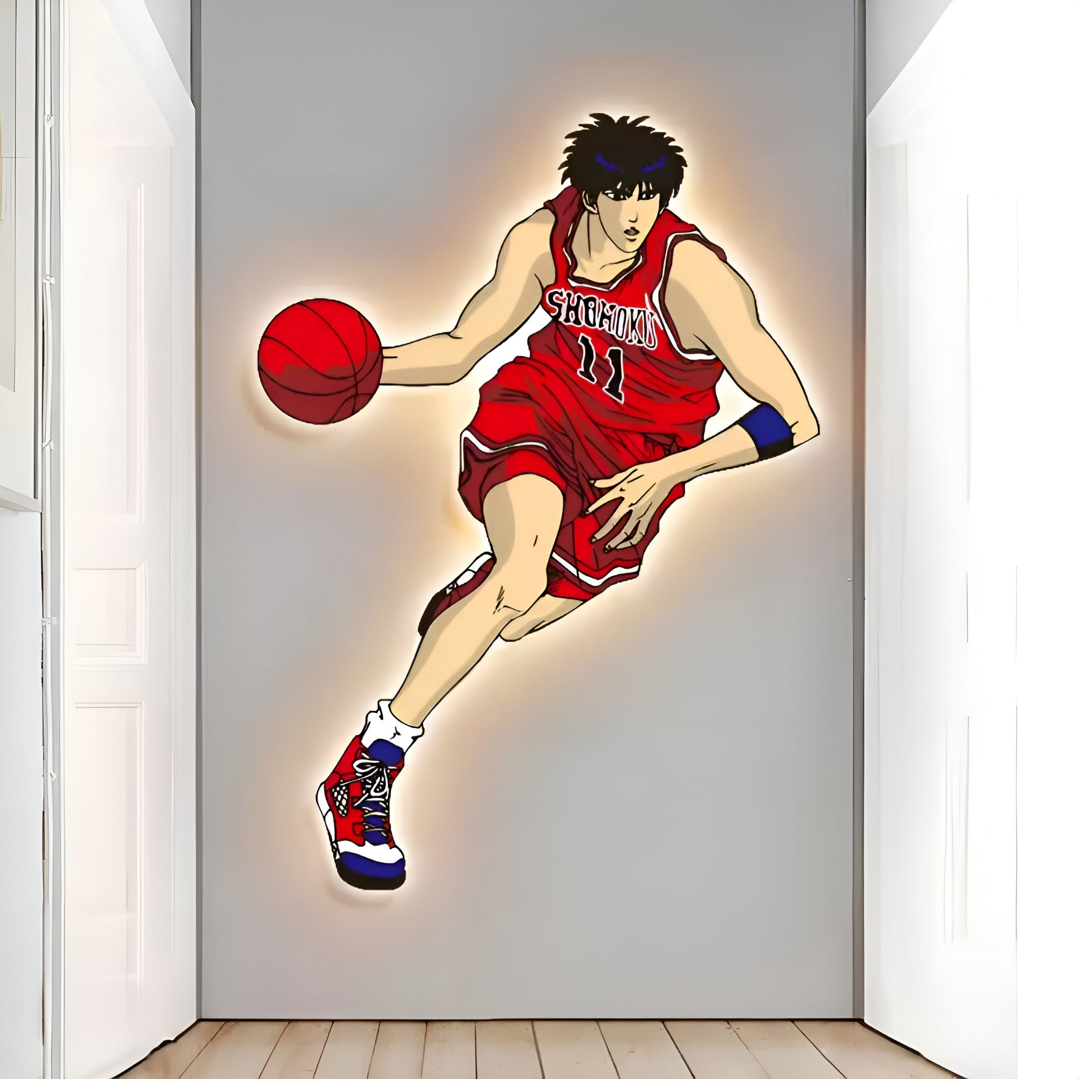 An Anime-style illustration captures a basketball player dribbling in a red jersey and shorts with number 11. The scene glows with futuristic energy like Giant Sculptures Enlustra II Game On UV Wood LED Wall Art as the player holds a red basketball, matched by red and blue sneakers.