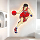 A stylized illustration shows a basketball player in action, exuding futuristic energy in a red jersey with number 11, dribbling a glowing red ball. The light wall background evokes the Enlustra II Game On UV Wood LED Wall Art by Giant Sculptures, adding gaming-inspired imagery.