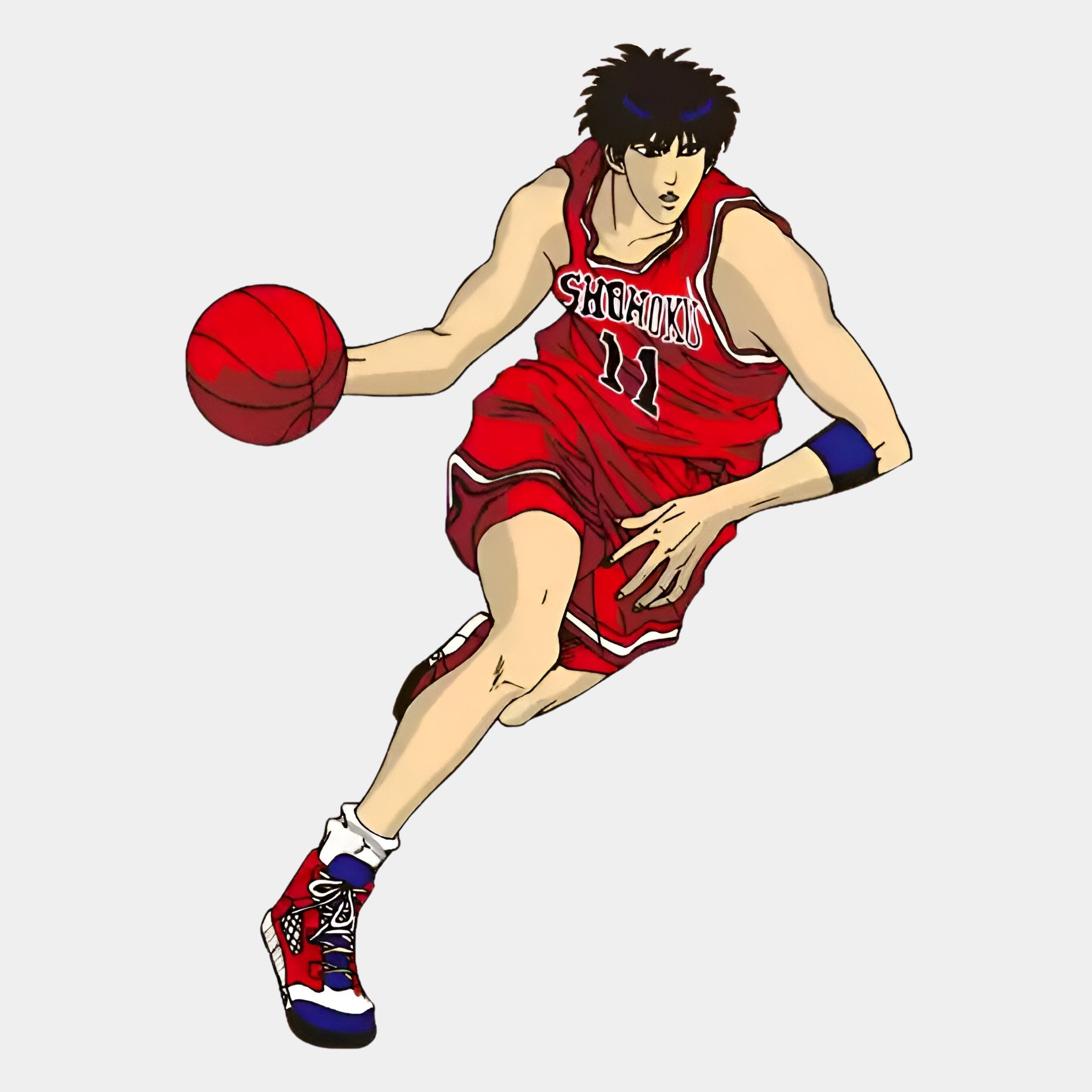 The Enlustra II Game On UV Wood LED Wall Art by Giant Sculptures features an anime-style basketball player in a red SHOHOKU #11 jersey, dribbling and running with gaming-inspired visuals—ideal for vibrant wall display.