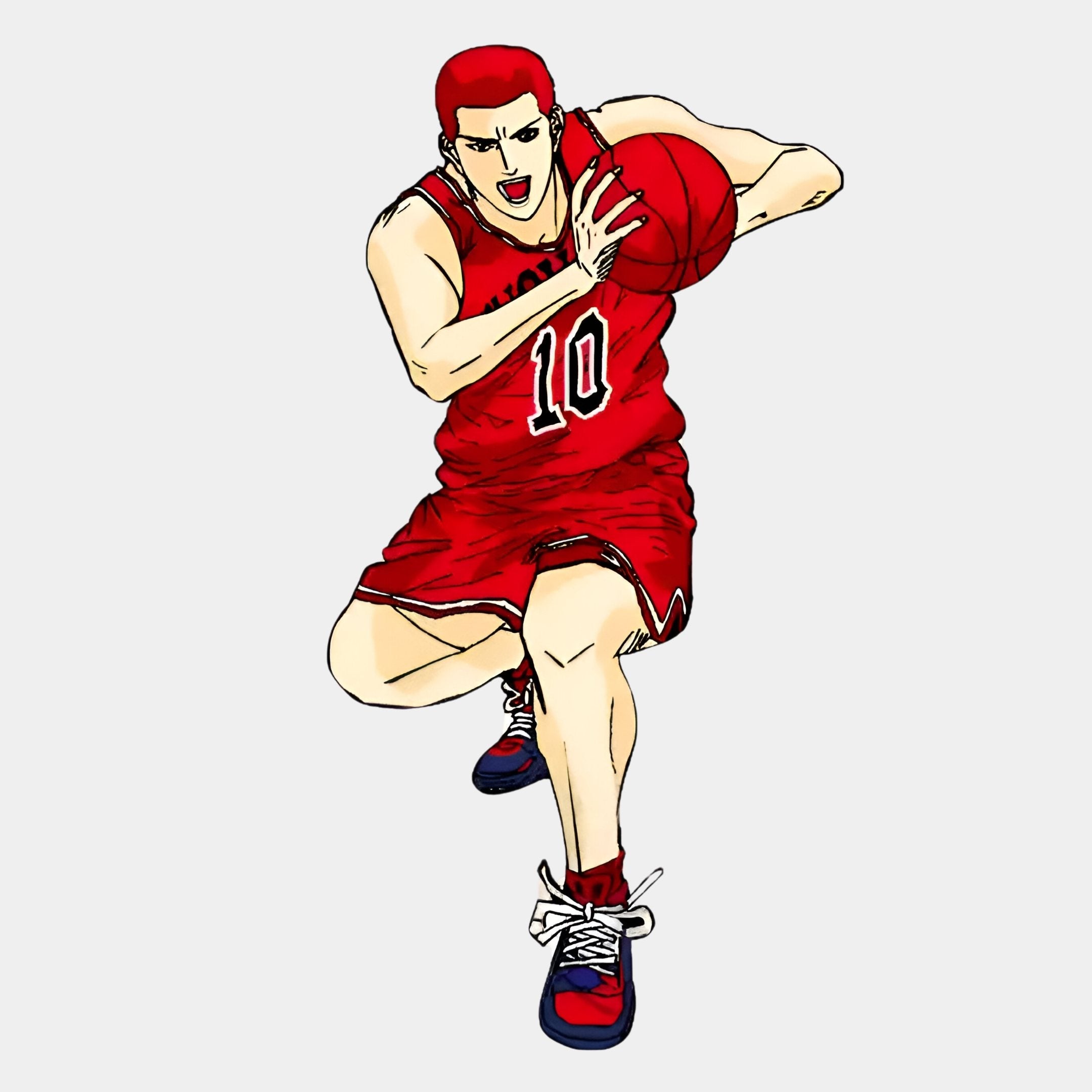 The Enlustra III Game On UV Wood LED Wall Art by Giant Sculptures features an anime-style basketball player in a red #10 jersey, dribbling a red ball with intensity—perfect for bold modern or gaming-inspired decor.