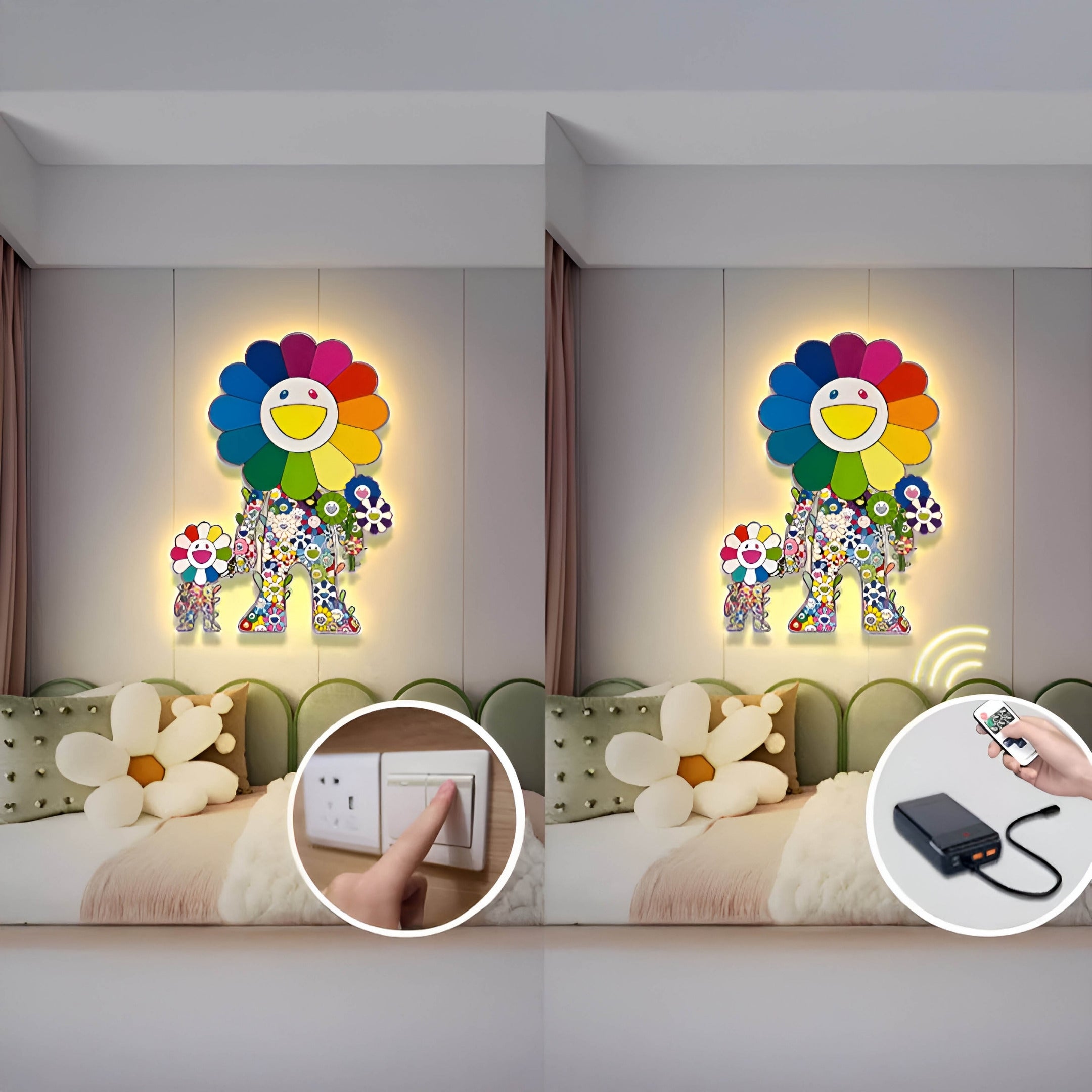 Two images depict the Clovelle Floral Bliss UV Wood Carving LED Wall Art by Giant Sculptures, showcasing colorful floral artwork and smiley faces on a bedroom wall. One image shows a finger at a light switch; the other features a remote with a black control box. A bed with round pillows and a green headboard is in the background.