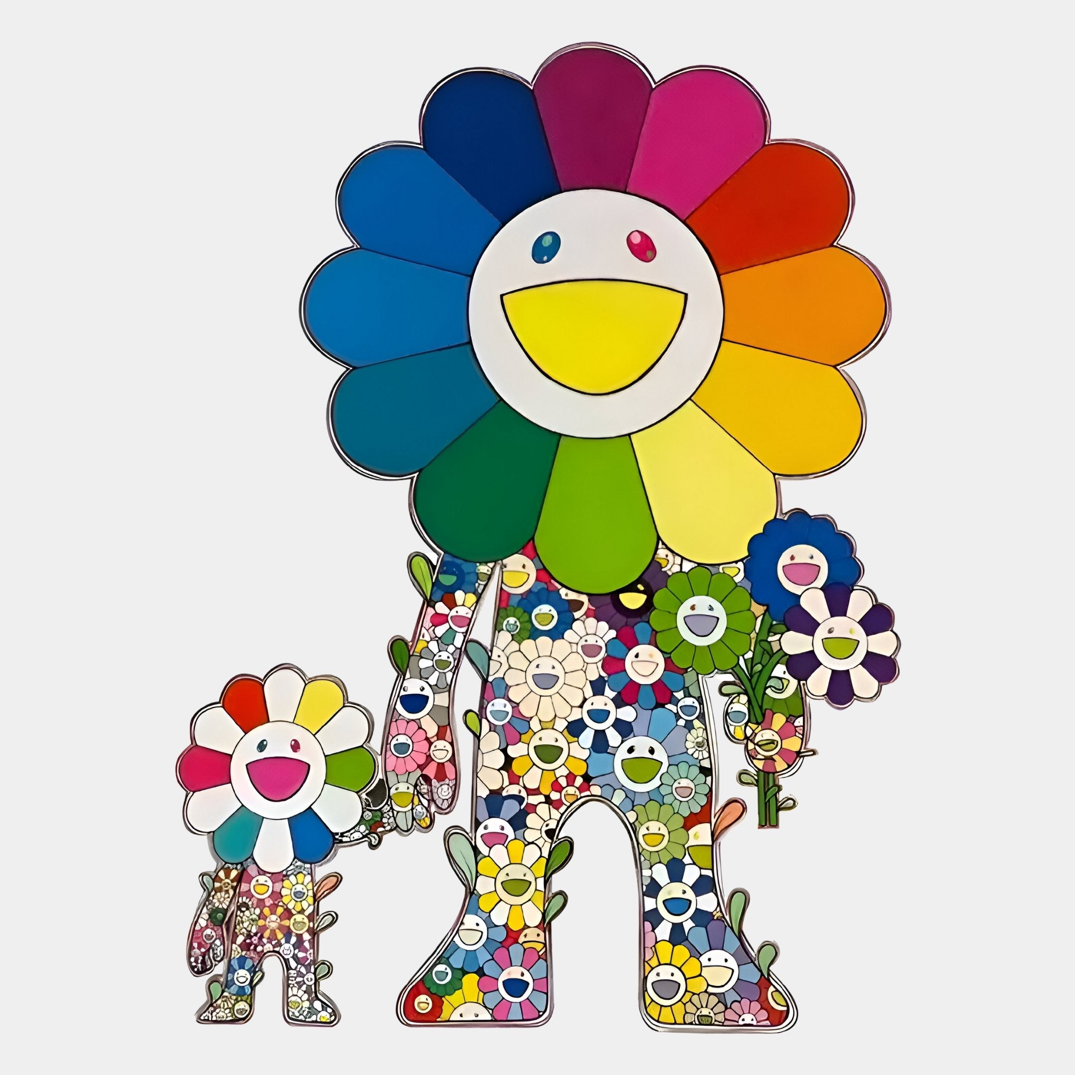 Bring joy to any space with the Clovelle Floral Bliss UV Wood Carving LED Wall Art by Giant Sculptures—two cheerful cartoon flowers with rainbow petals and big smiles, one holding a bouquet and the others hand in a vibrant, illuminated scene.