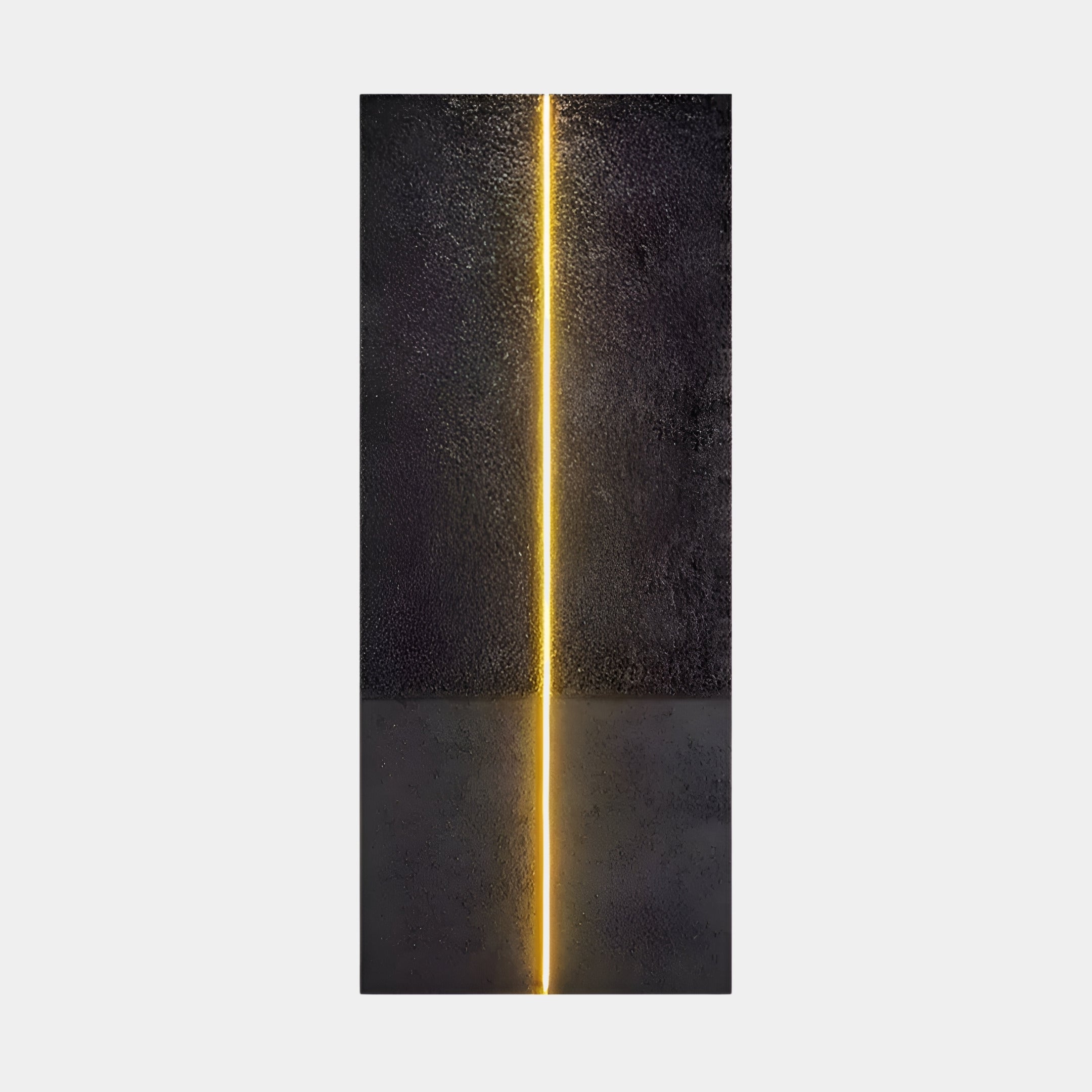 The Eternia Midnight Textured Oil Painting LED Wall Art by Giant Sculptures features a dark textured backdrop with a glowing golden vertical line at the center, creating striking contrast and vertical symmetry. The slightly reflective bottom half adds depth to this sophisticated piece.