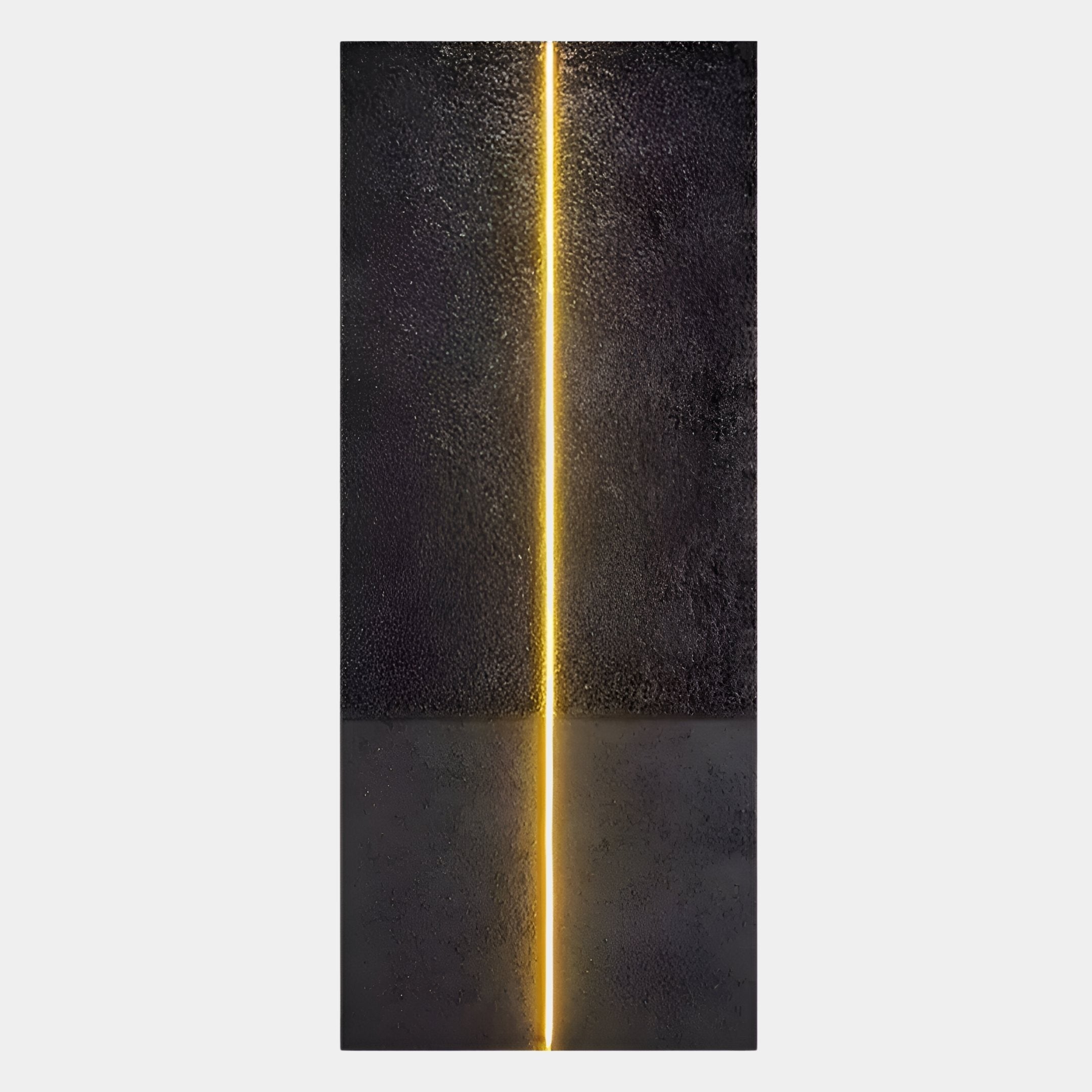 The Eternia Midnight Textured Oil Painting LED Wall Art by Giant Sculptures features a textured black surface bisected vertically by a thin, glowing yellow LED line for a bold, modern contrast.