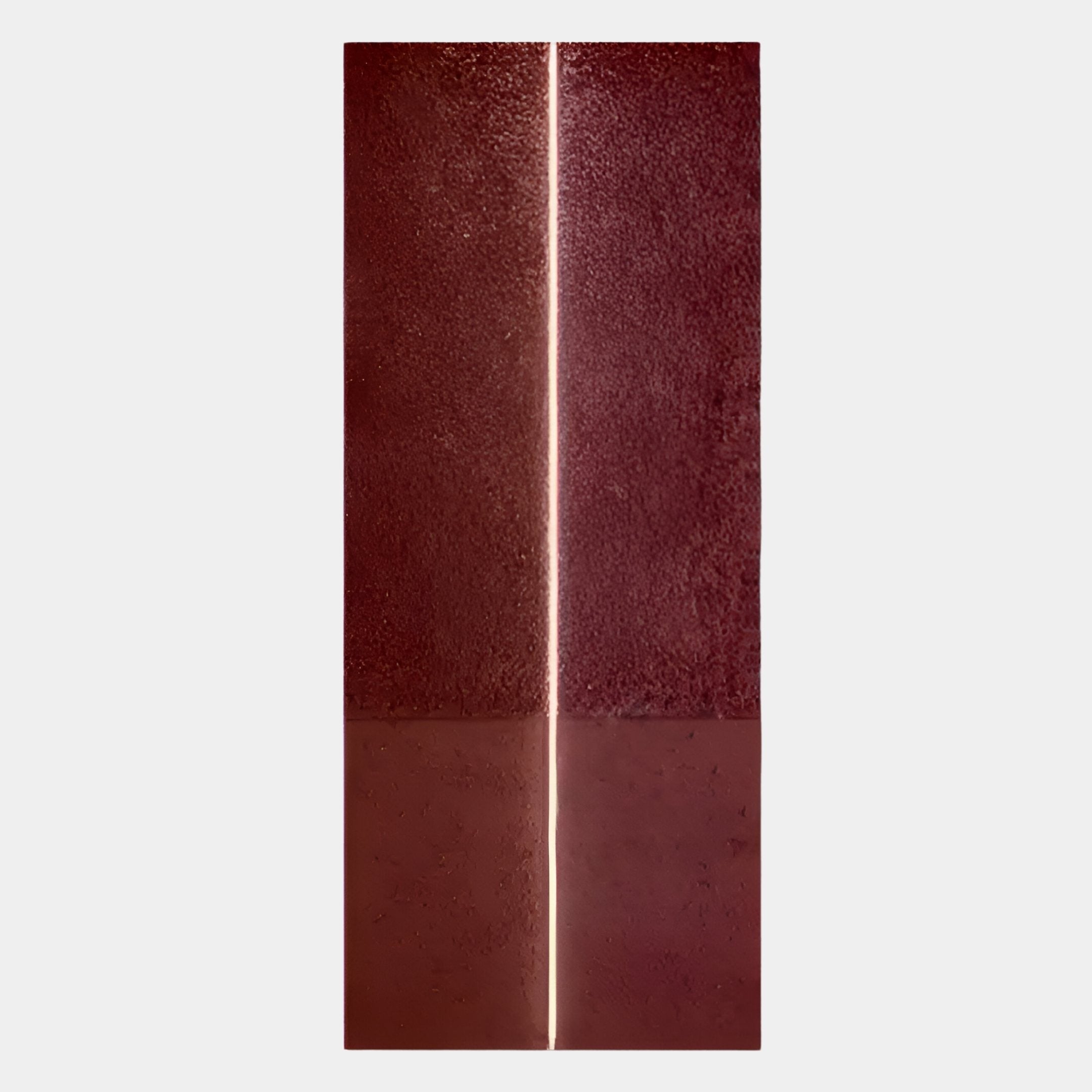 The Eternia Crimson Textured Oil Painting LED Wall Art by Giant Sculptures features two vertical maroon panels divided by a slim bright line, with mirrored upper and lower halves, creating bold symmetry and modern style.