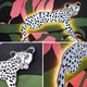 A vibrant mural, similar to Giant Sculptures Juniper I Botanical Escape Sandstone Wood Carving 3D LED Wall Art, features a black and white leopard lit by soft yellow light with bold green leaves and pink elements. Close-ups reveal intricate details of the leopards face and body.