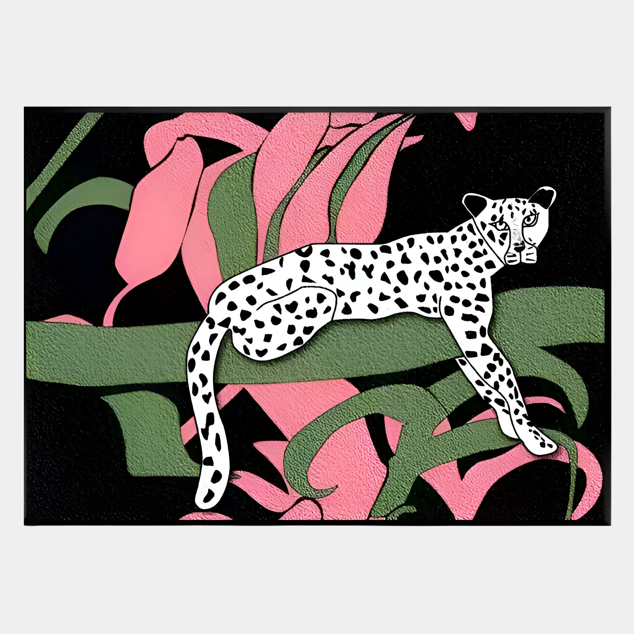The Juniper I Botanical Escape Sandstone Wood Carving 3D LED Wall Art by Giant Sculptures features a black-and-white leopard on a green branch amid abstract pink and green forms and subtle botanical patterns on a textured black background.