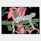 The Juniper I Botanical Escape Sandstone Wood Carving 3D LED Wall Art by Giant Sculptures features a black-and-white leopard on a green branch amid abstract pink and green forms and subtle botanical patterns on a textured black background.