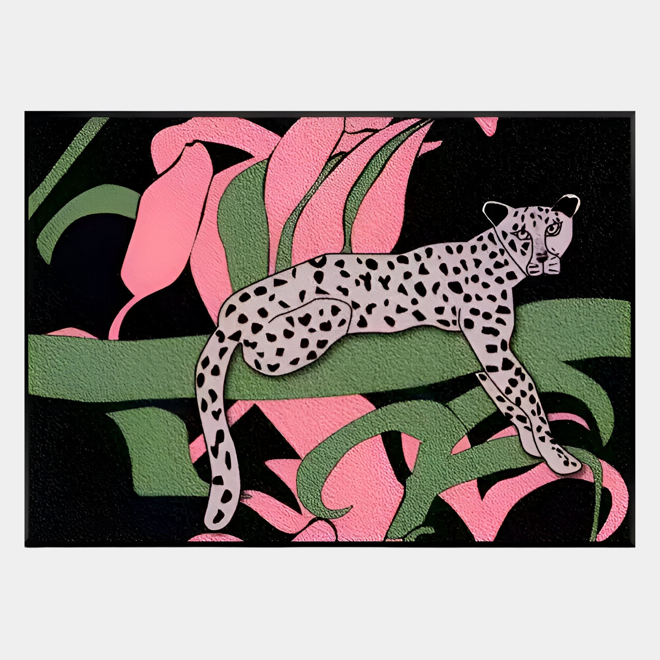 The Juniper II Botanical Escape Sandstone Wood Carving 3D LED Wall Art by Giant Sculptures features a stylized leopard on a branch amid abstract leaves, blending botanical elegance with striking 3D illumination.