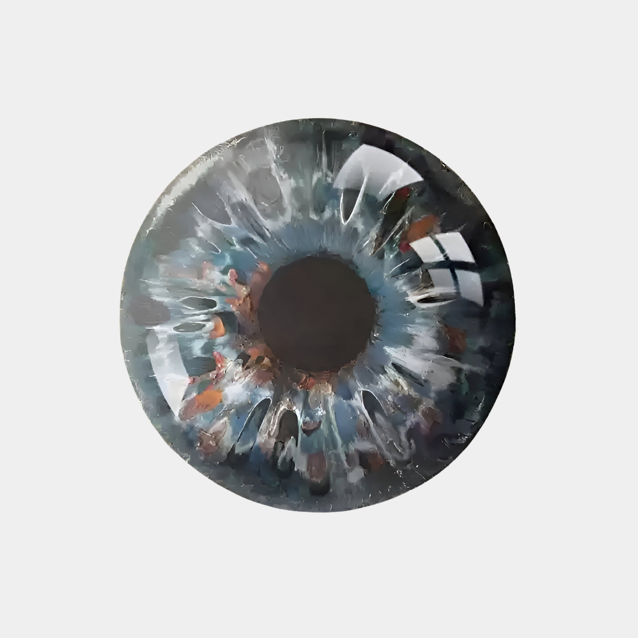 The Genesis Ember Glow by Giant Sculptures is a 3D resin crystal porcelain LED wall art with a human iris design, featuring a dark pupil and multicolored swirls in blues, whites, and browns. Its glossy surface adds an ember glow effect.