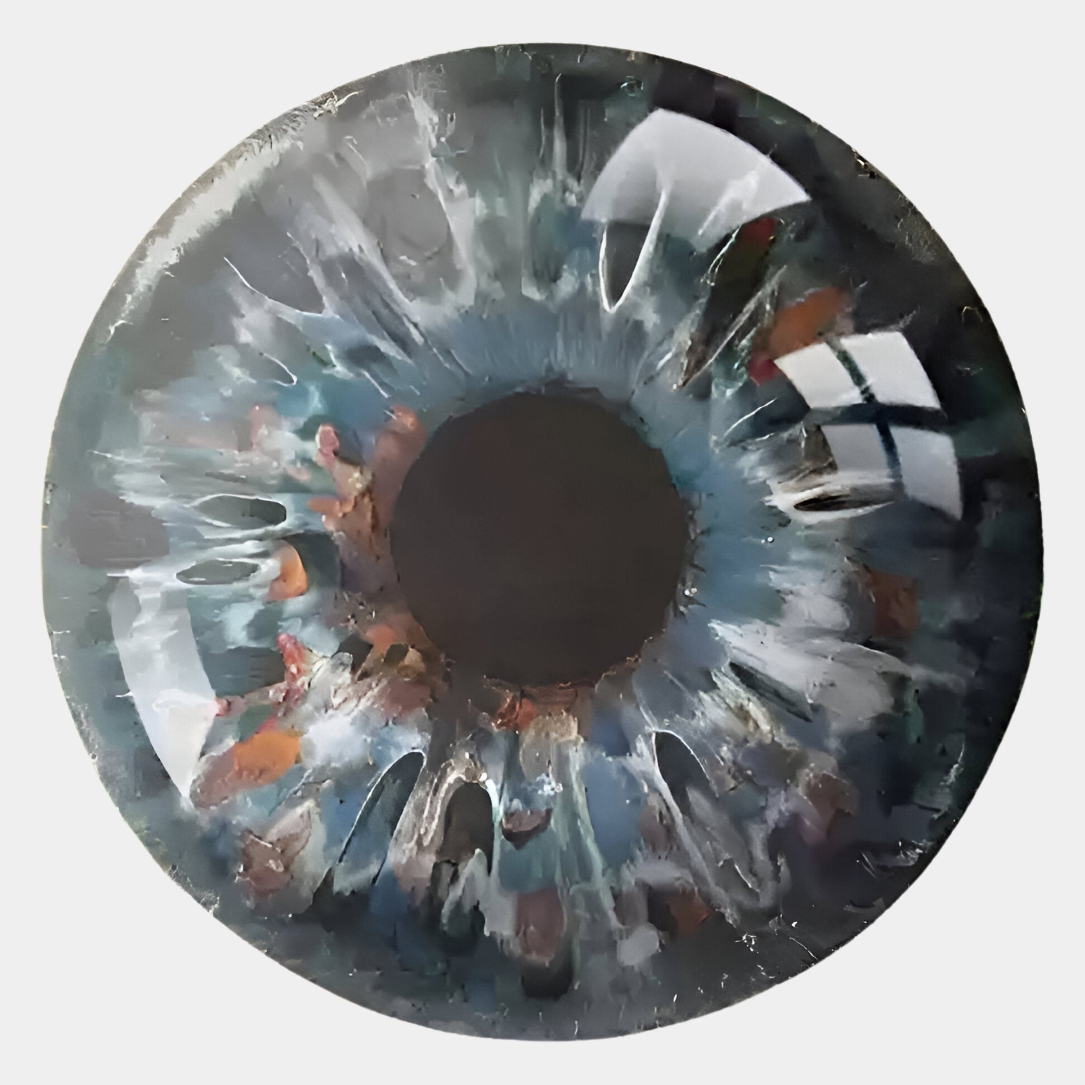 A close-up of a glass marble with a black core and swirling blue, white, and brown tones—an abstract eye that inspires the Genesis Ember Glow 3D Resin Crystal Porcelain LED Wall Art by Giant Sculptures.