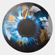 The Genesis Earth Tones 3D Resin Crystal Porcelain LED Wall Art by Giant Sculptures features a circular design with blue, white, and gold streaks radiating from a dark center. Its glossy finish and LED lighting create striking reflections for vivid visual impact.