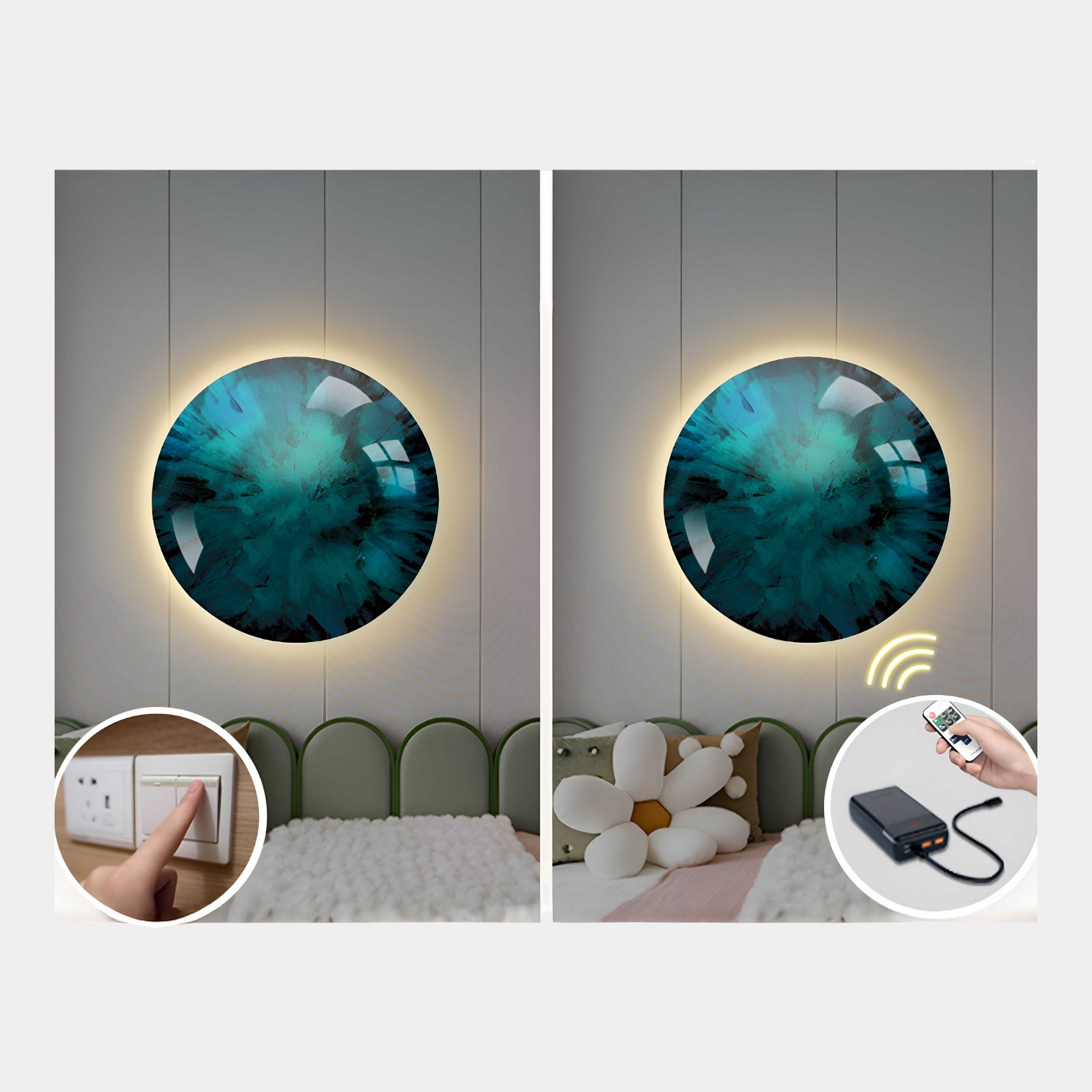 Two side-by-side images of the Giant Sculptures Genesis Midnight 3D Resin Crystal Porcelain LED Wall Art: Left image shows a finger pressing a light switch beneath the lamp. Right image displays a person using a remote to control this LED design lamp, with a wireless receiver beside the bed.