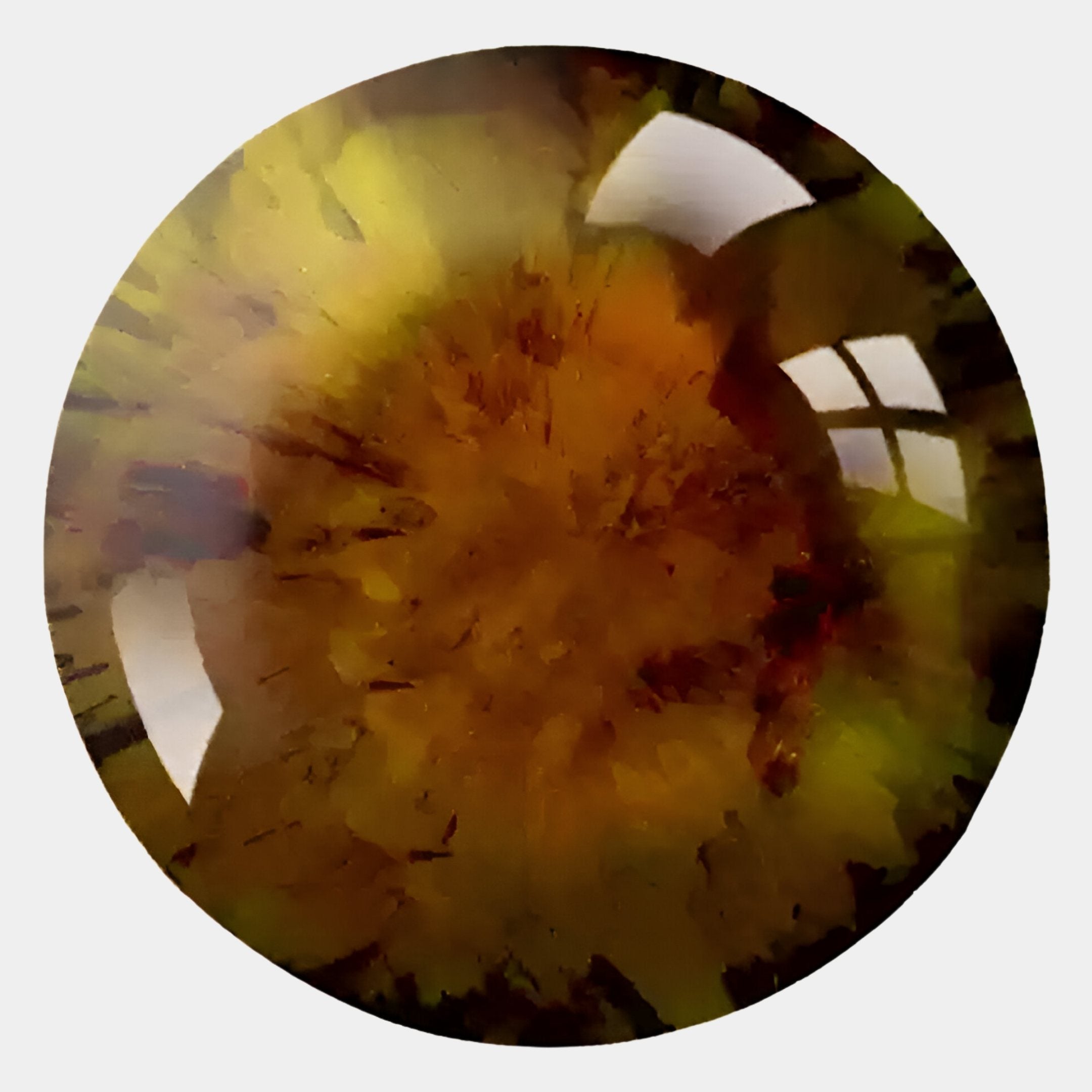 The Genesis Sunburst 3D Resin Crystal Porcelain LED Wall Art by Giant Sculptures features a round design with yellow, orange, and brown hues in a sunburst pattern, reflective highlights, and a window reflection on its glossy resin crystal surface.