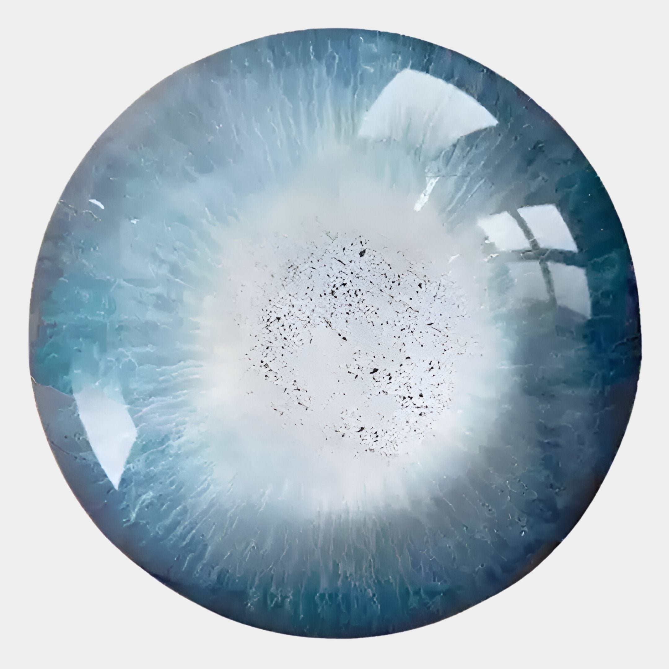A close-up of the Genesis Frost 3D Resin Crystal Porcelain LED Wall Art by Giant Sculptures, featuring blue and white marble patterns, frosty resin and porcelain details, and intricate designs radiating from the center.