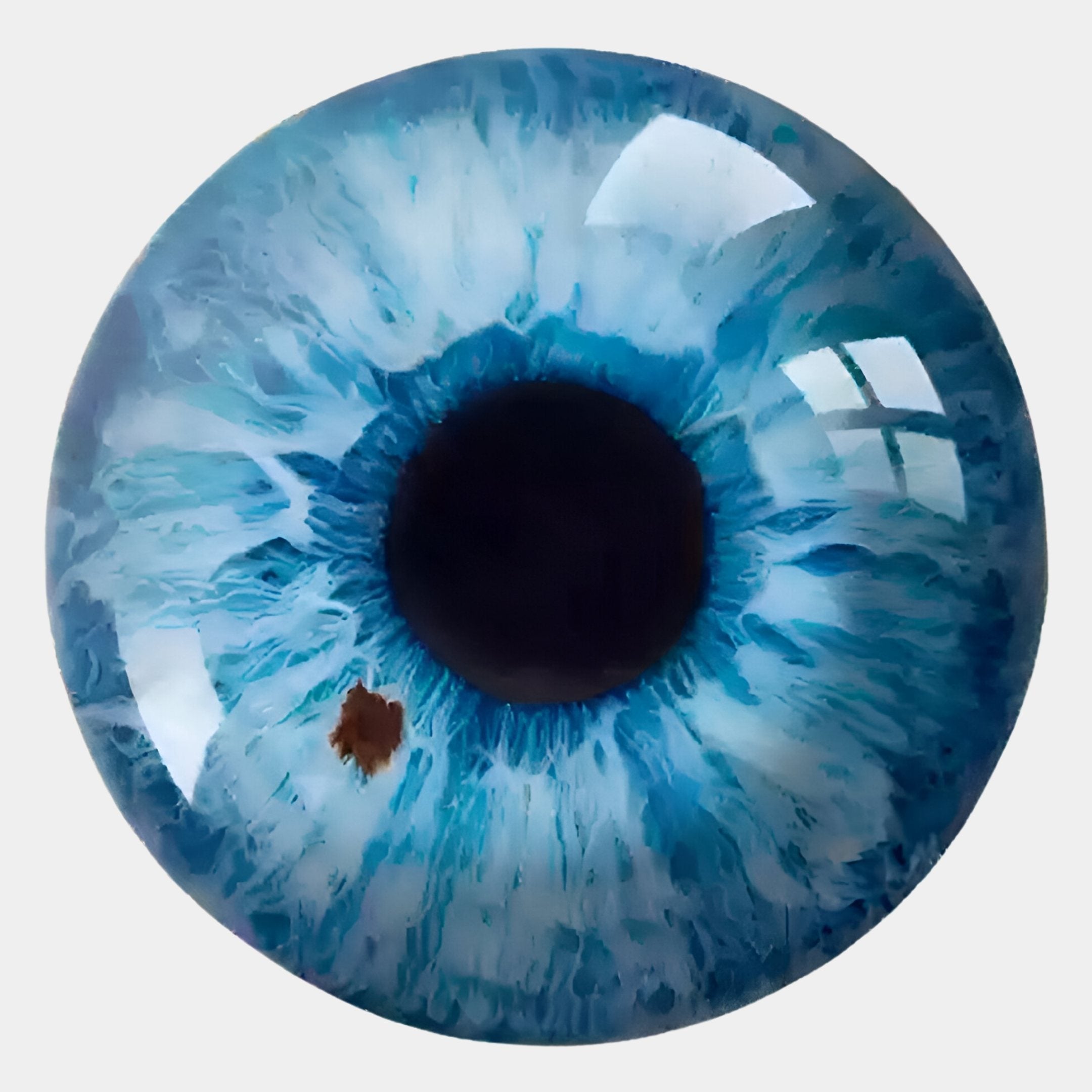 A close-up of a blue iris with a dark pupil, intricate blue patterns, a brown spot at lower left, and window light reflections—capturing the luminous detail of Giant Sculptures Genesis Iris 3D Resin Crystal Porcelain LED Wall Art.
