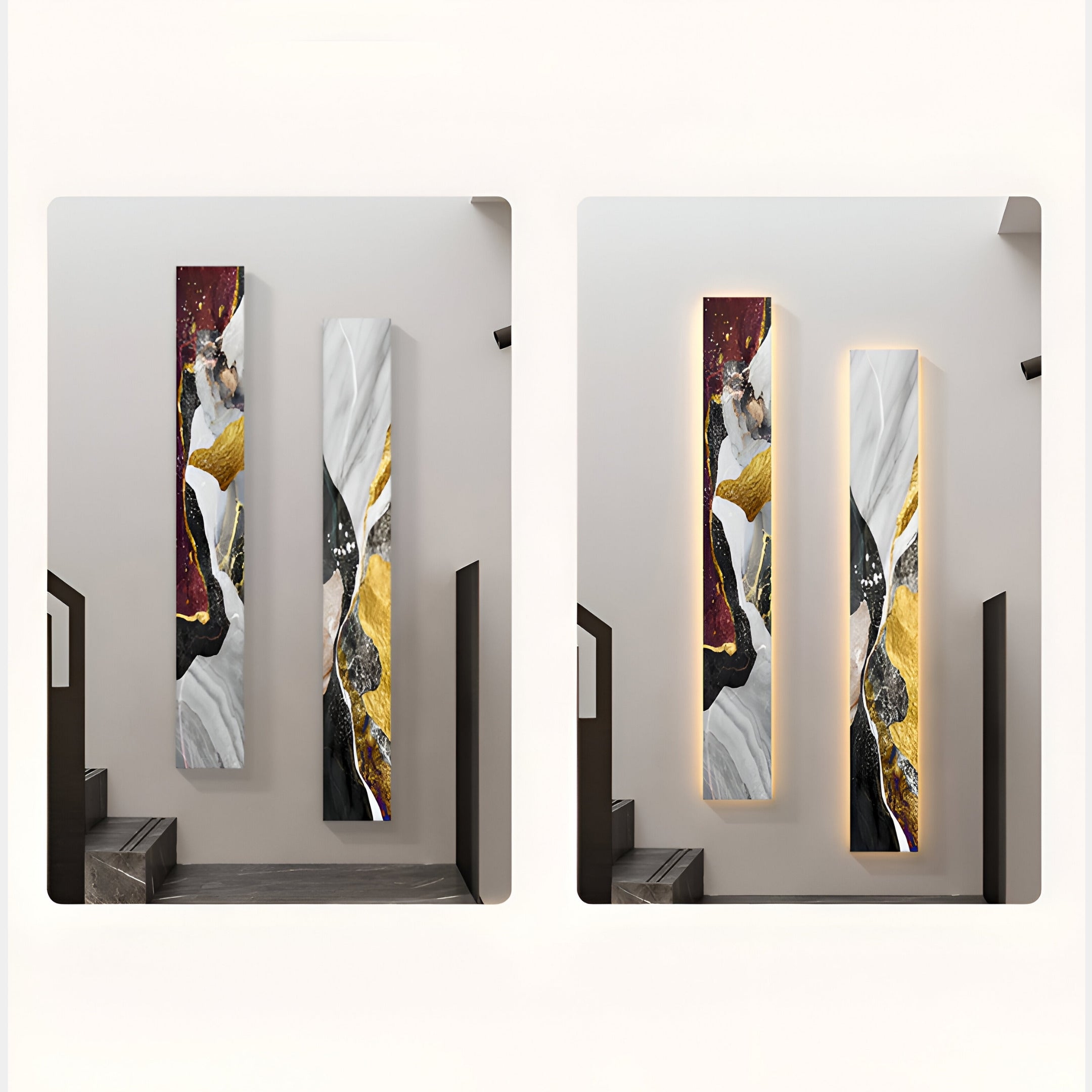 Two vertically oriented Floren Crimson Burst Canvas LED Wall Art pieces by Giant Sculptures adorn a staircase wall with gold, black, white, and maroon patches. Soft lighting enhances their textured look as steps frame this captivating display area.