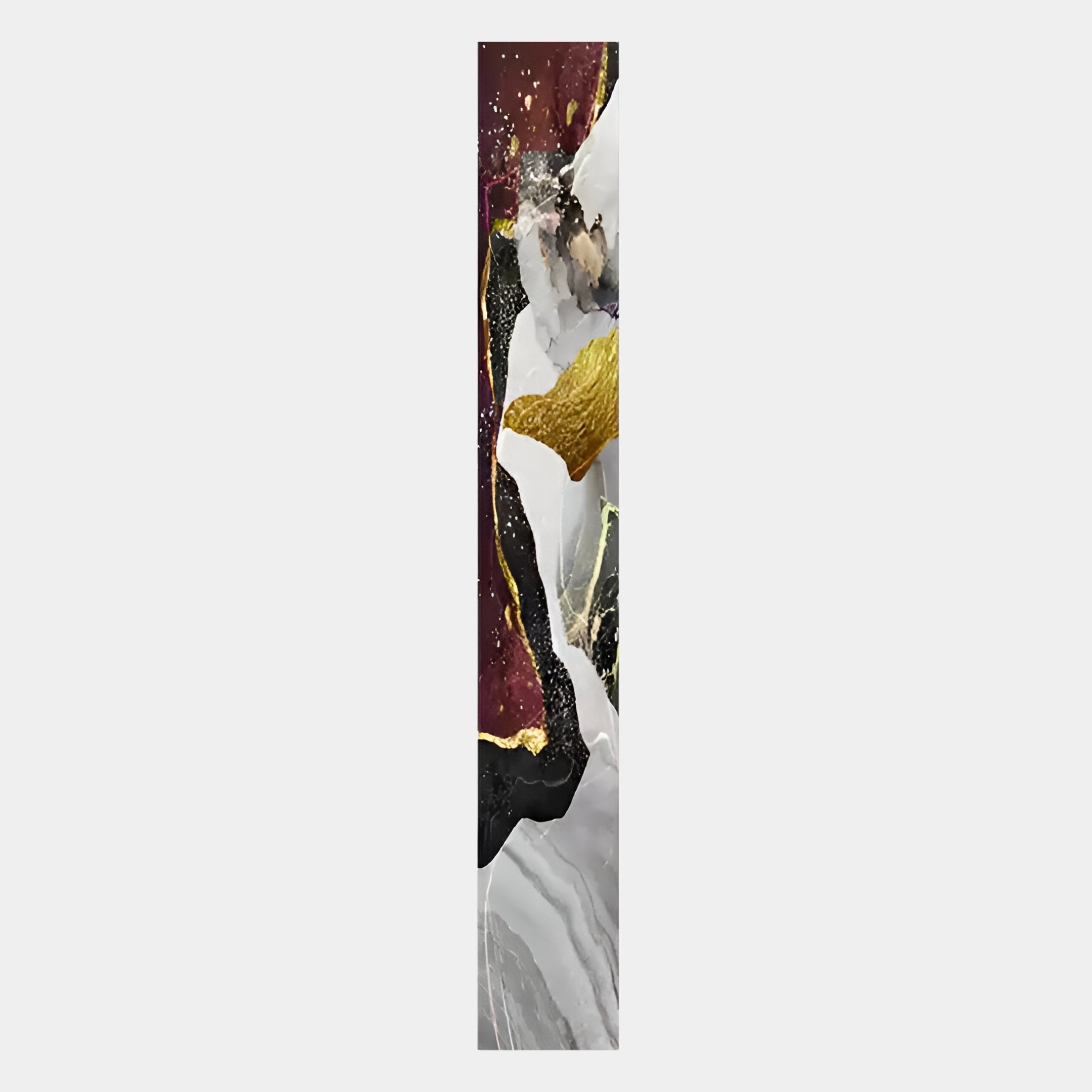 The Floren Crimson Burst Canvas LED Wall Art by Giant Sculptures is a tall, narrow abstract piece on premium canvas featuring flowing maroon, black, white, and gold marble-like textures with metallic and layered brushstrokes.