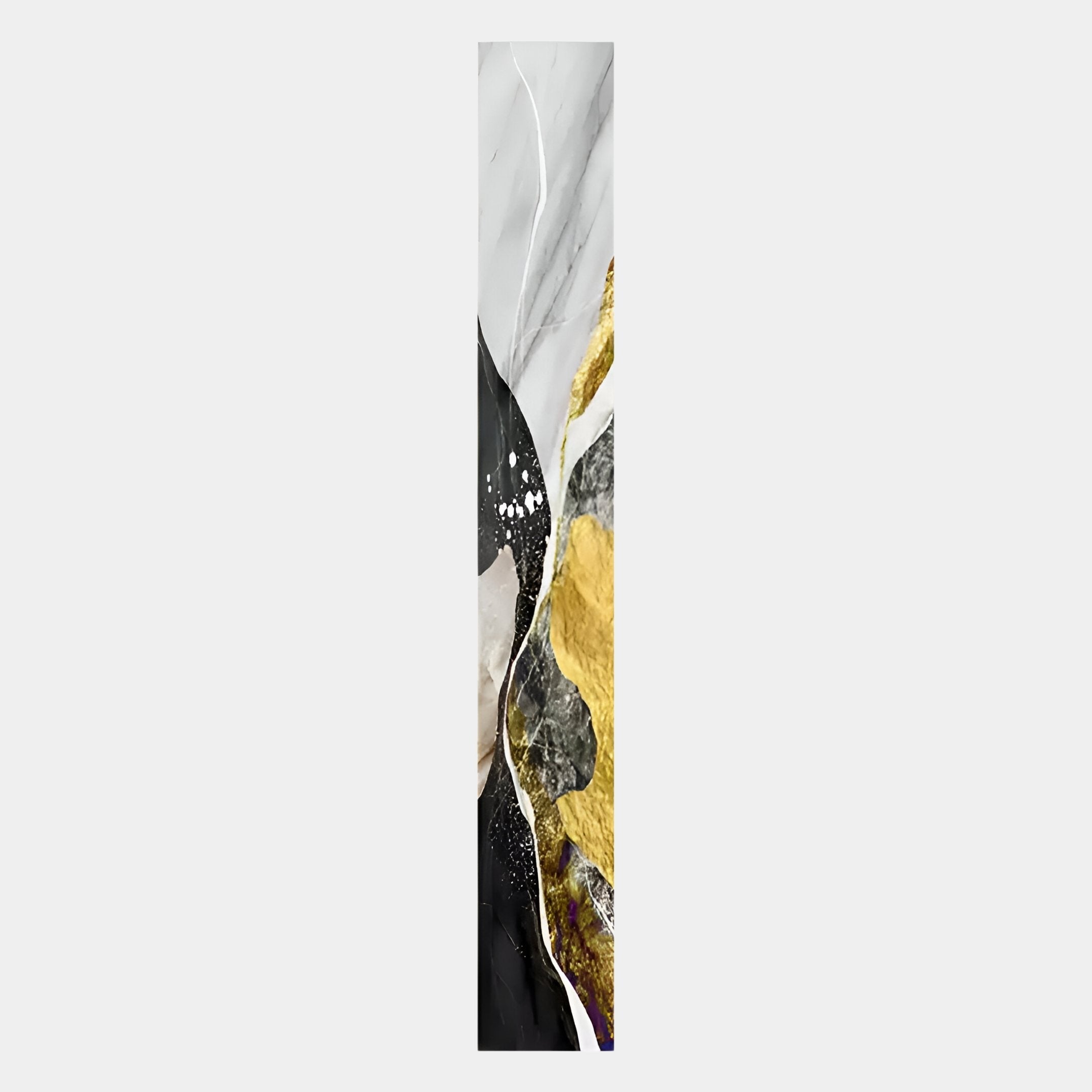 The Floren Golden Veil Canvas LED Wall Art from Giant Sculptures features narrow vertical abstract design with black, white, gray, gold, and metallic textures divided by a curving white line—like a shimmering golden veil.
