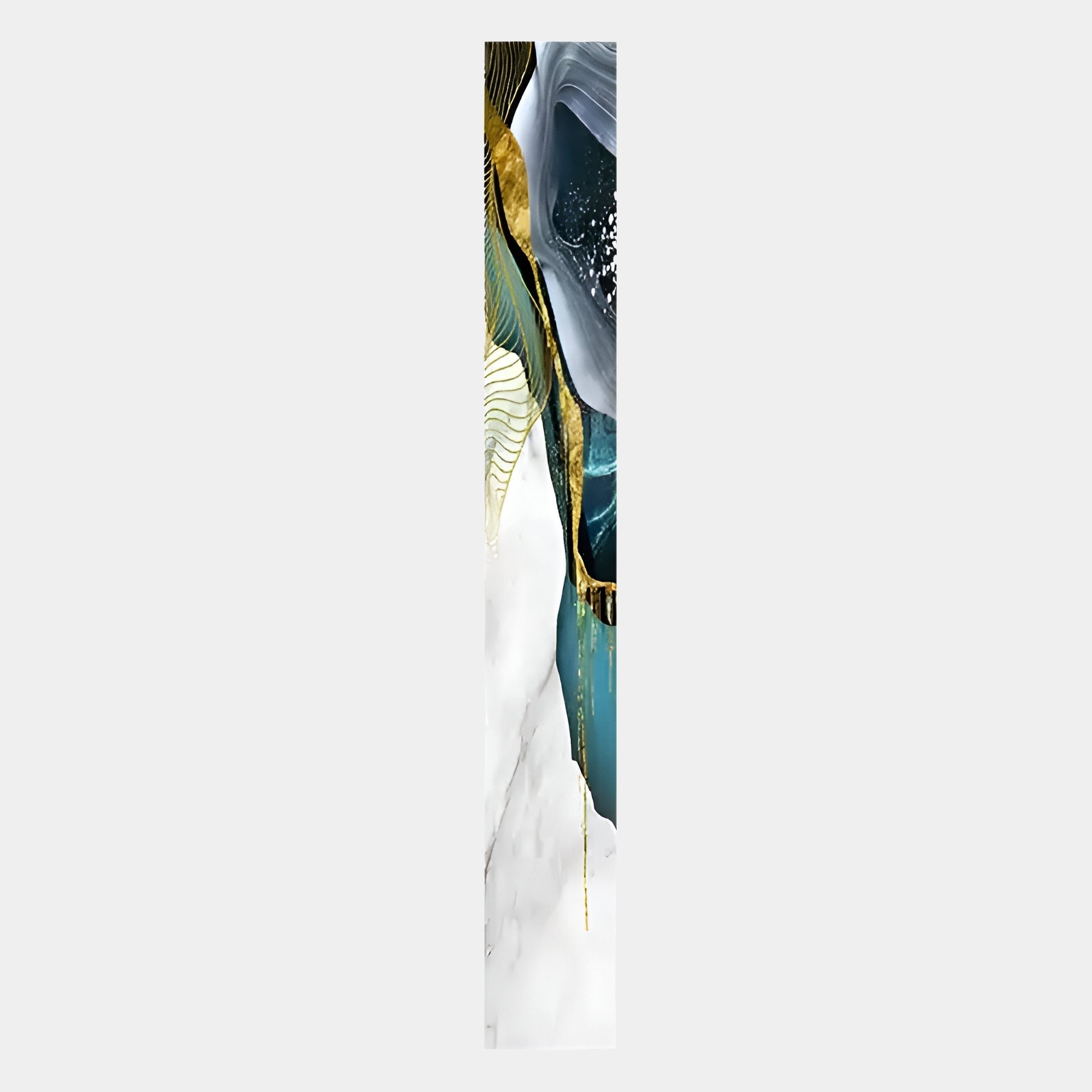 The Floren Oceanic Drift Canvas LED Wall Art by Giant Sculptures features abstract vertical flowing shapes in teal, gold, white, and gray with gold accents, capturing a calming oceanic feel on a light background.
