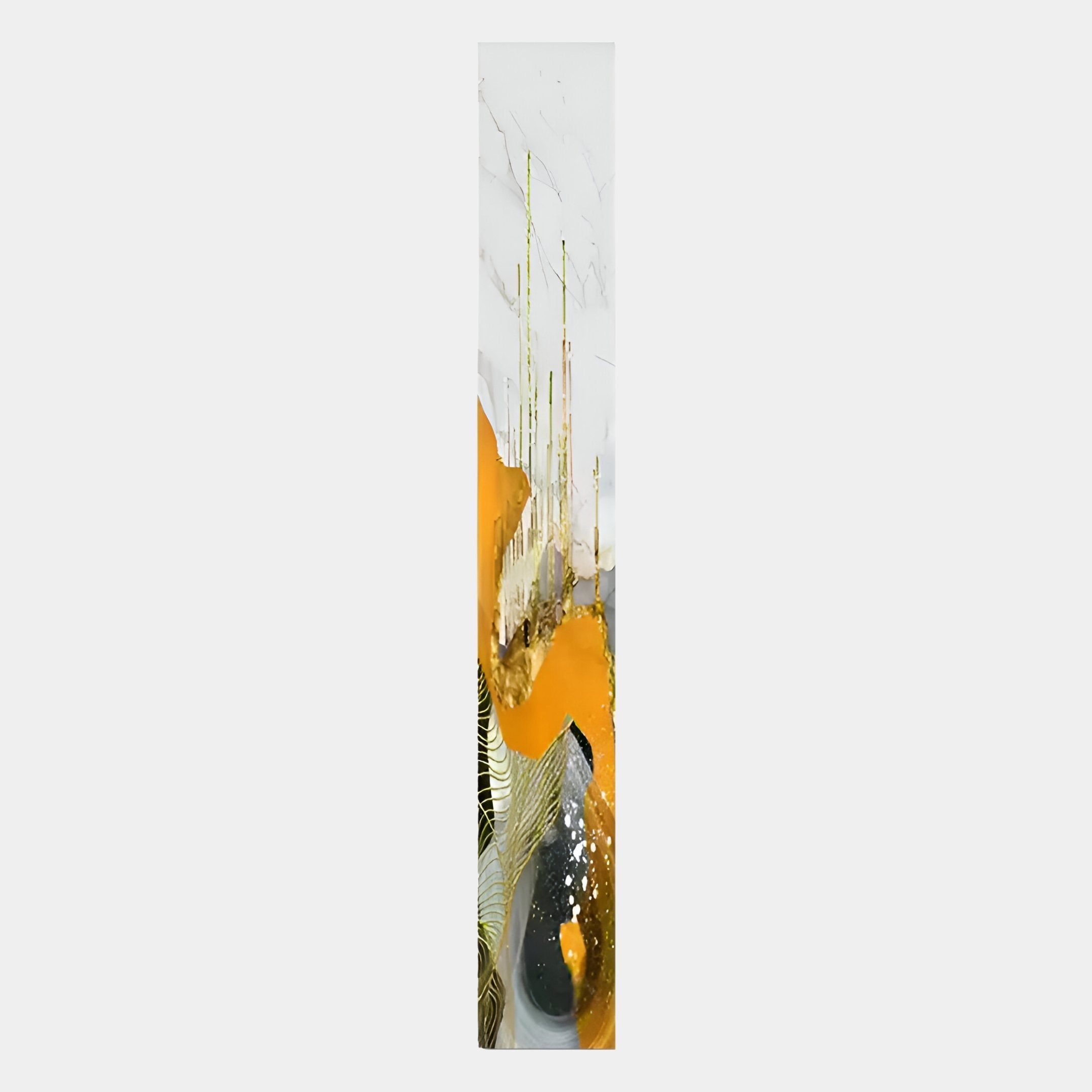 The Floren Amber Glow Canvas LED Wall Art by Giant Sculptures features a tall, narrow abstract design with yellow-orange splashes, gold verticals, white smudges, and black-gold curves—perfect for adding a modern touch to any space.