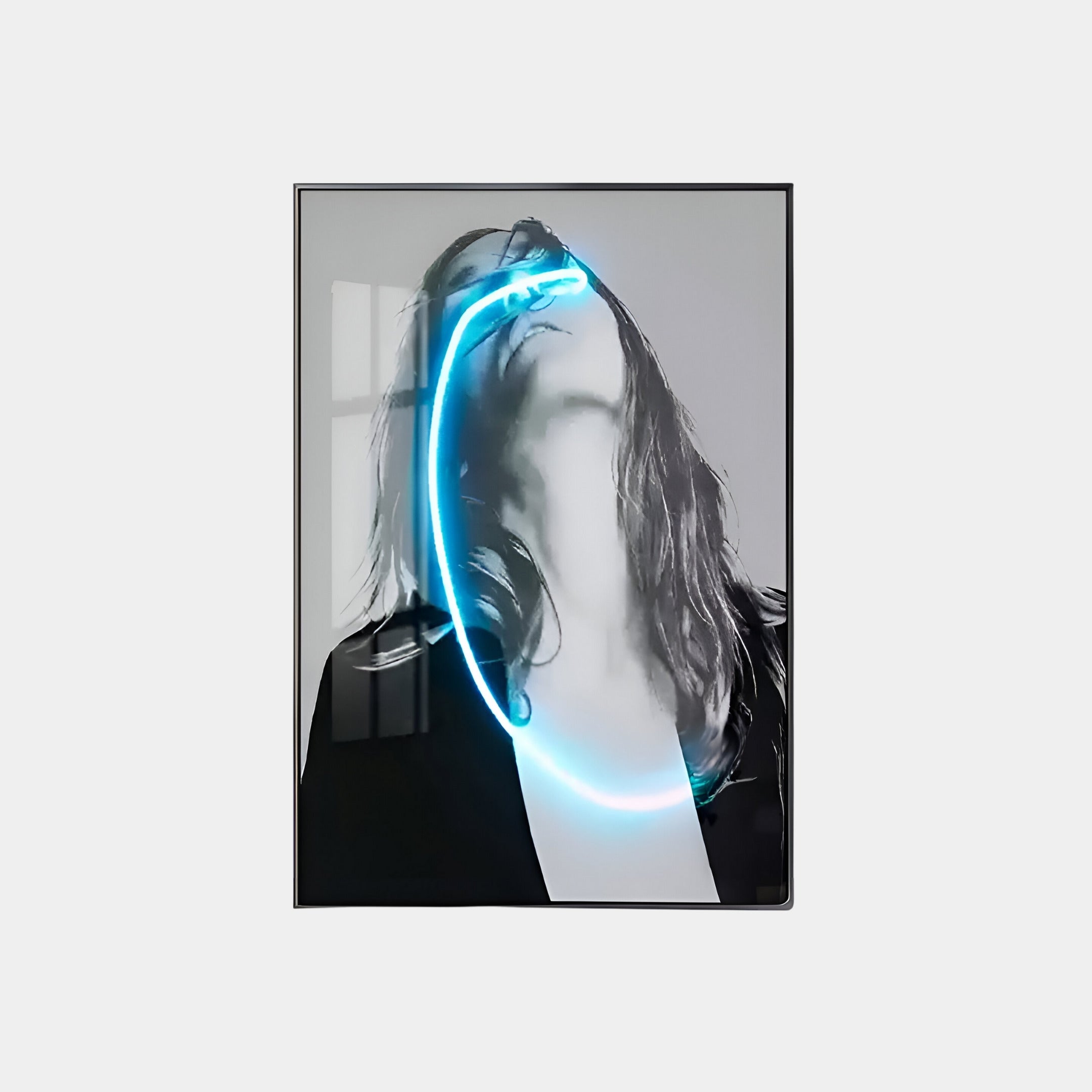 A grayscale portrait of a long-haired figure gazes up, enhanced by a looping blue neon light that embodies contemporary aesthetics. Reflected on glass, this scene gains depth, akin to the Elysian Veiled Grace 3D LED Wall Art by Giant Sculptures.