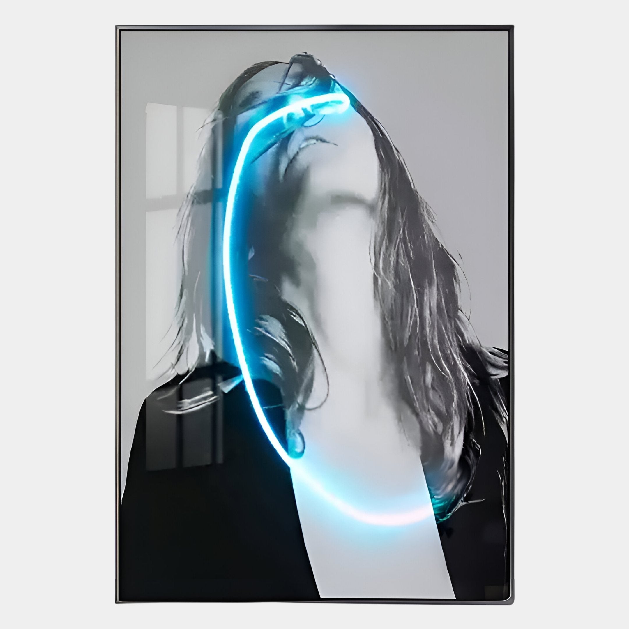The Elysian Veiled Grace 3D LED Wall Art by Giant Sculptures features a black and white portrait with long hair and a luminous blue neon curve across the face, blending modern aesthetics with contemporary allure and a window reflection on the glass.
