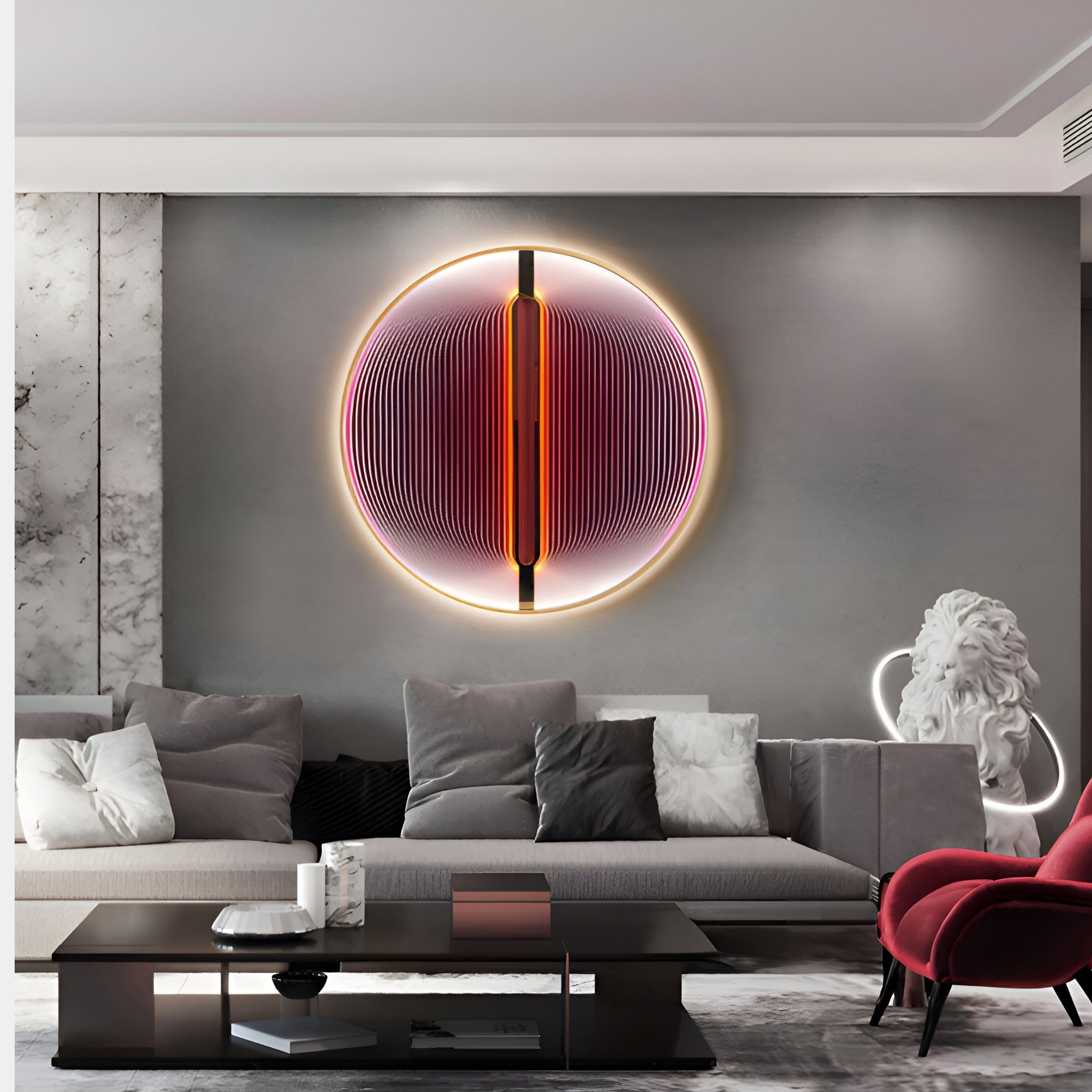 In a modern living room, the Onyx Flame Glow Acrylic 3D LED Wall Art by Giant Sculptures casts a captivating glow on the gray wall. A gray sofa with assorted cushions complements the decor, enhanced by a marble accent, red chair, and coffee table. An elegant acrylic 3D sculpture adorns the corner.