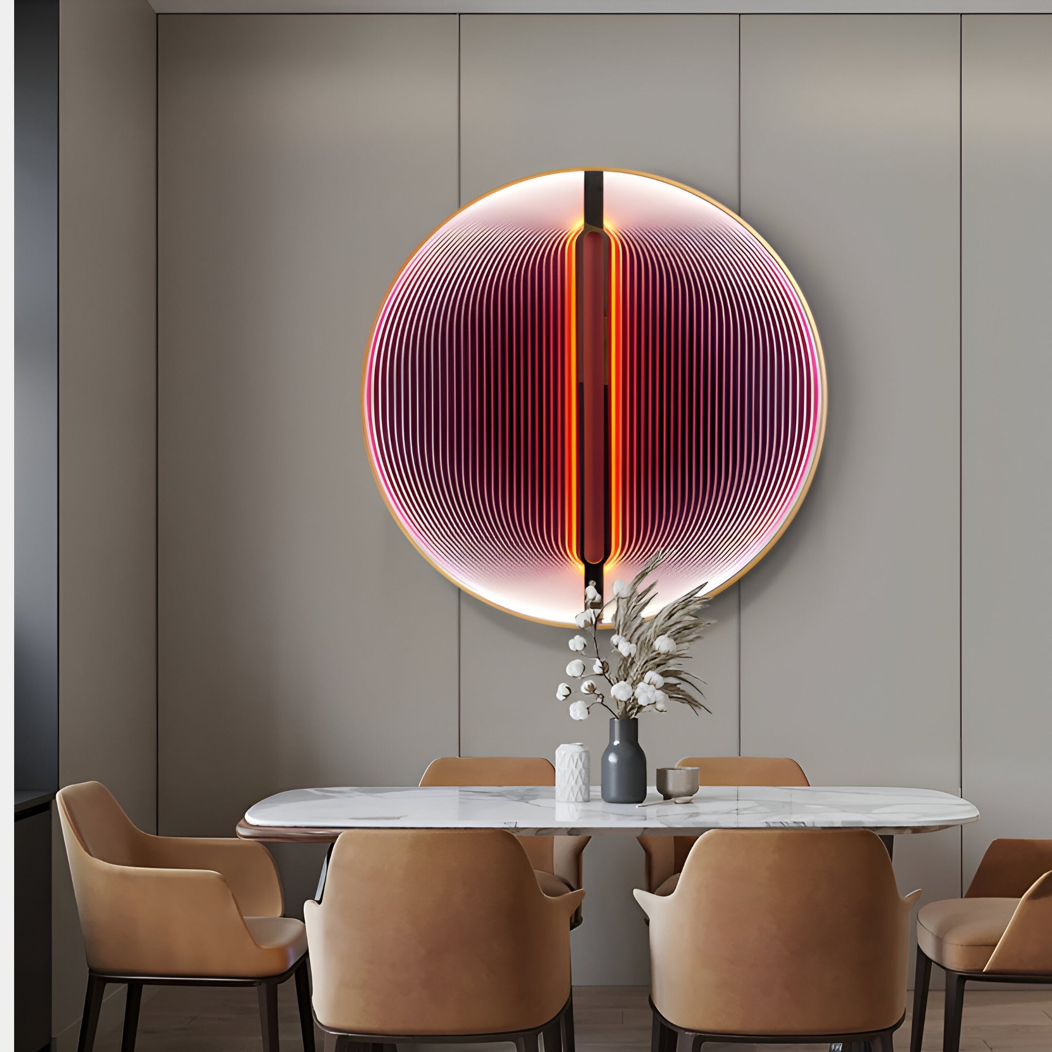 A modern dining room showcases a marble table and tan leather chairs. A large, circular Onyx Flame Glow Acrylic 3D LED Wall Art by Giant Sculptures, with red and orange lines, graces the wall. A minimalist white vase with flowers completes the look on the table.