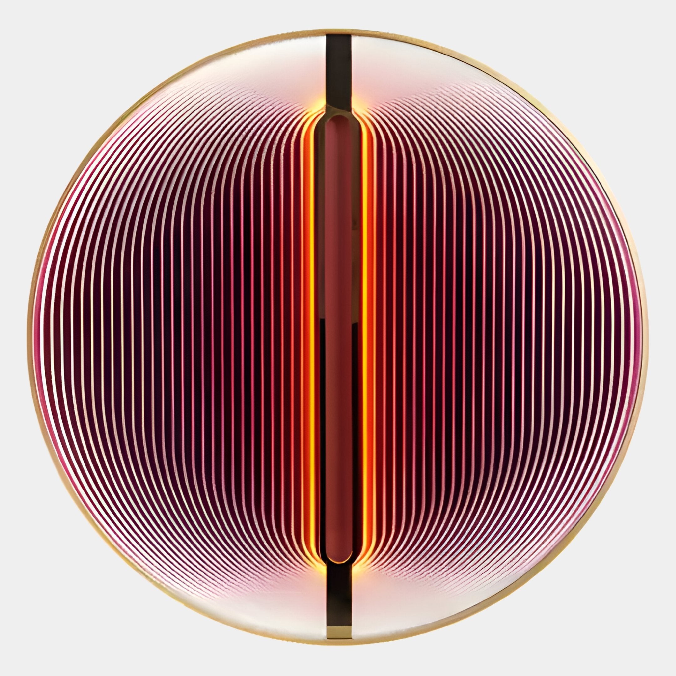 The Onyx Flame Glow Acrylic 3D LED Wall Art by Giant Sculptures features a circular abstract design of concentric orange and red curved lines around a central vertical orange bar on a light gray background.