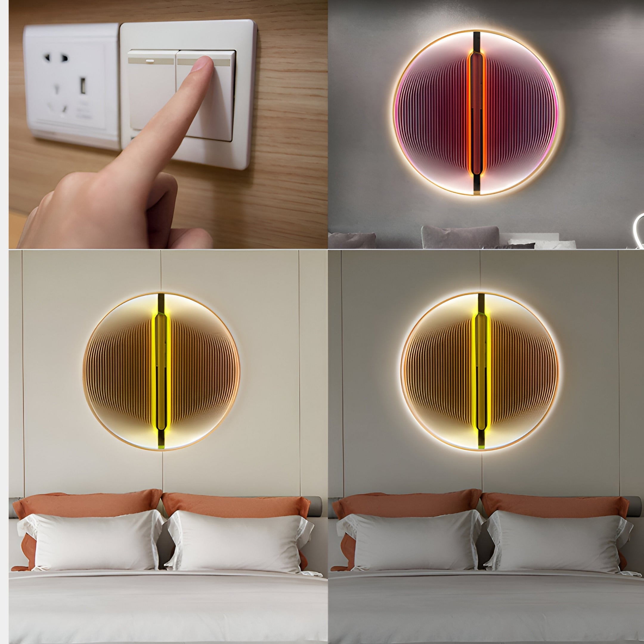 A person presses a light switch, illuminating the modern bedroom. Above the bed with white sheets and brown cushions, the Onyx Golden Aura Acrylic 3D LED Wall Art by Giant Sculptures features layered translucent panels in red and yellow, casting a soft glow that enhances its serene ambiance.