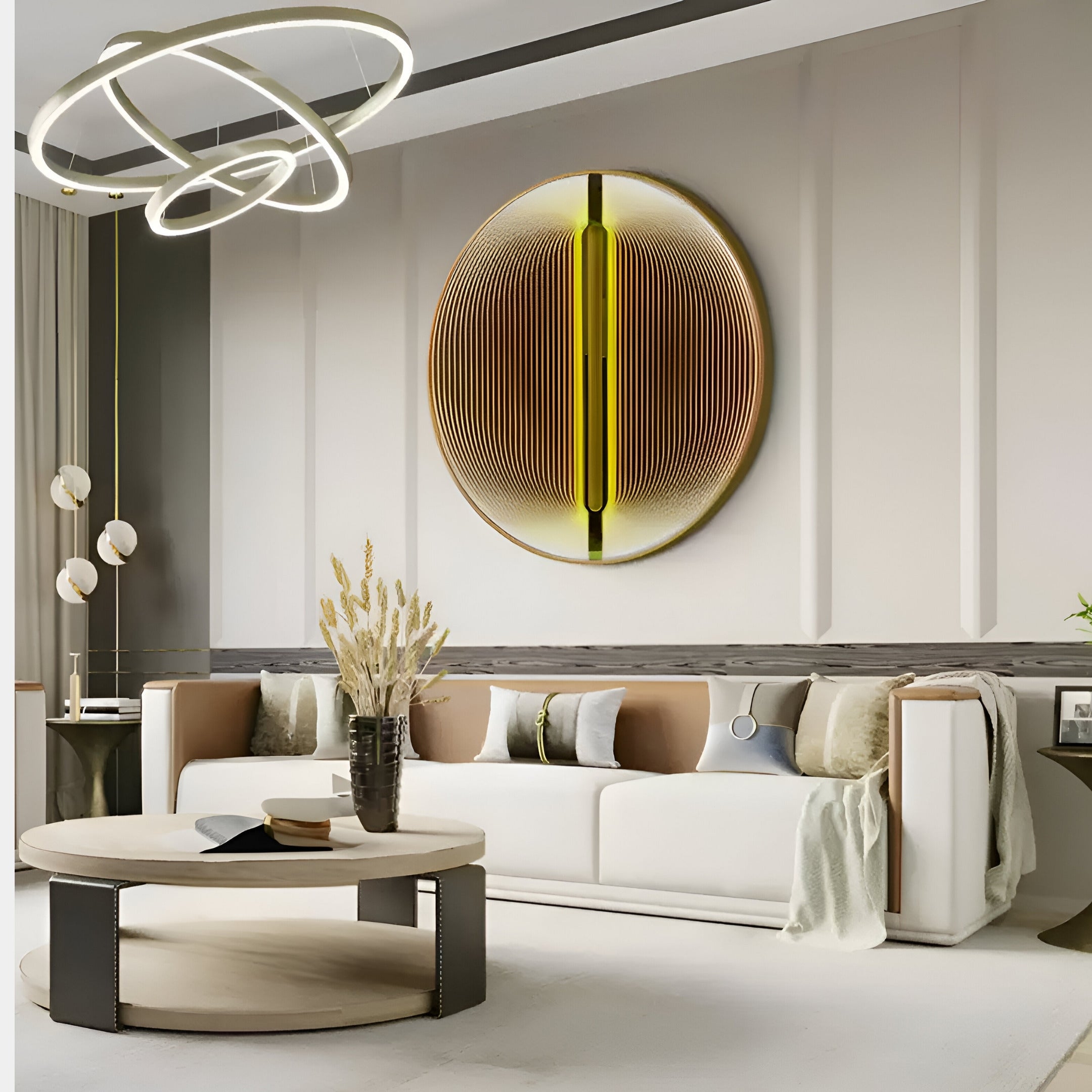 A modern living room boasts a white sofa with beige and brown cushions, highlighted by a light blanket. Dominating the space is the Onyx Golden Aura Acrylic 3D LED Wall Art by Giant Sculptures, accented in vibrant yellow. A round coffee table and distinctive pendant light complete the elegant decor.