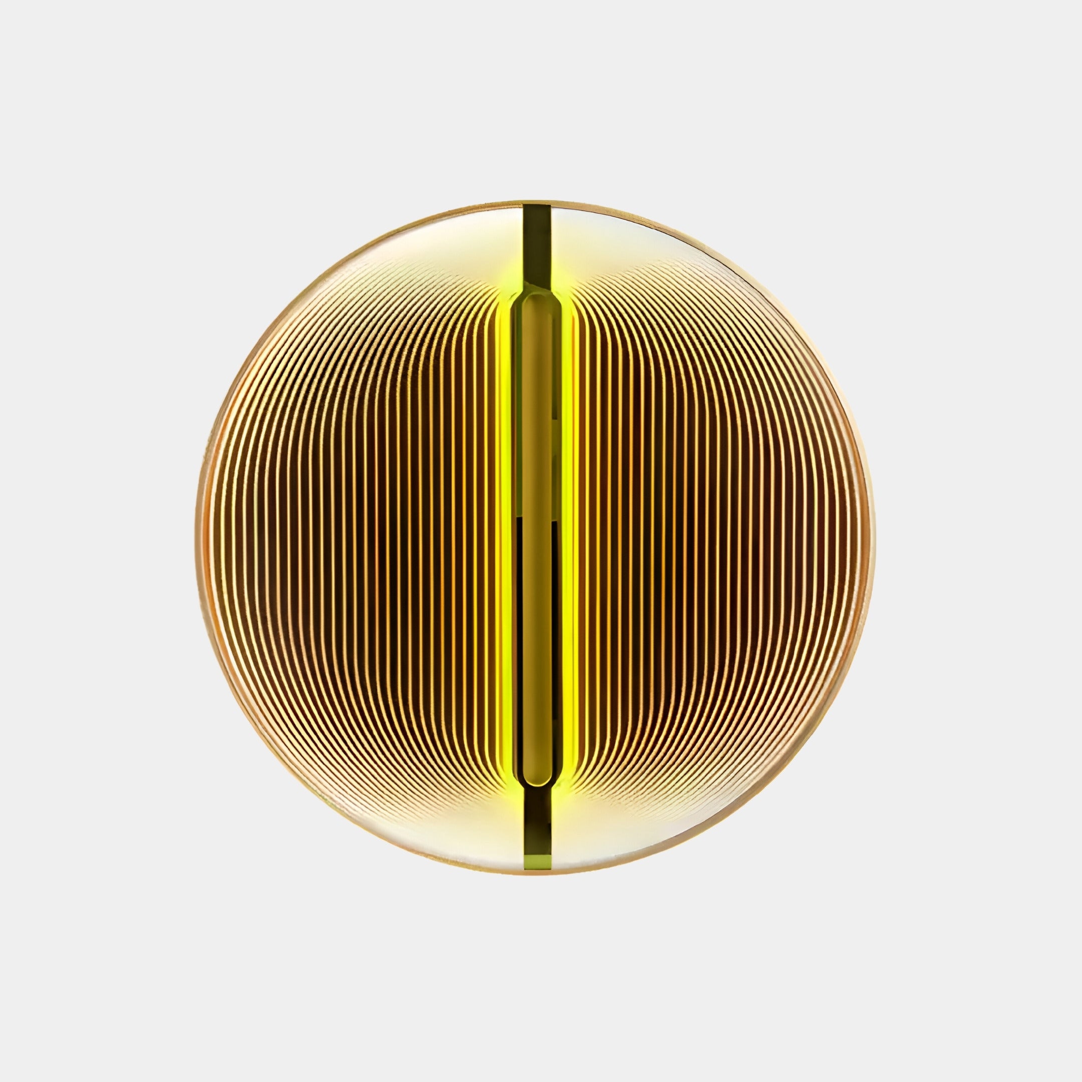 The Onyx Golden Aura Acrylic 3D LED Wall Art by Giant Sculptures is a spherical object with a textured acrylic surface, featuring a translucent outer layer and concentric golden rings. It has a vertical yellow line running through the center, forming a symmetrical pattern against the white background.