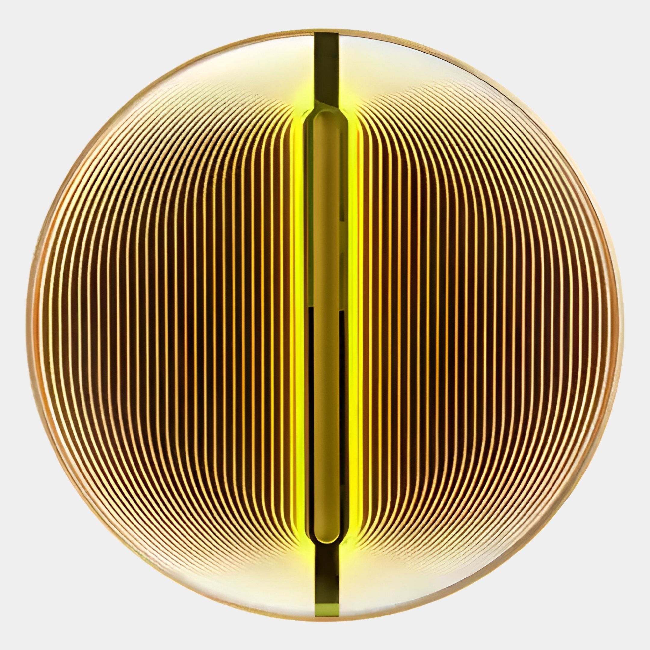 The Onyx Golden Aura Acrylic 3D LED Wall Art by Giant Sculptures features concentric golden-yellow lines radiating from a central bar, forming a luminous geometric pattern on a light background.