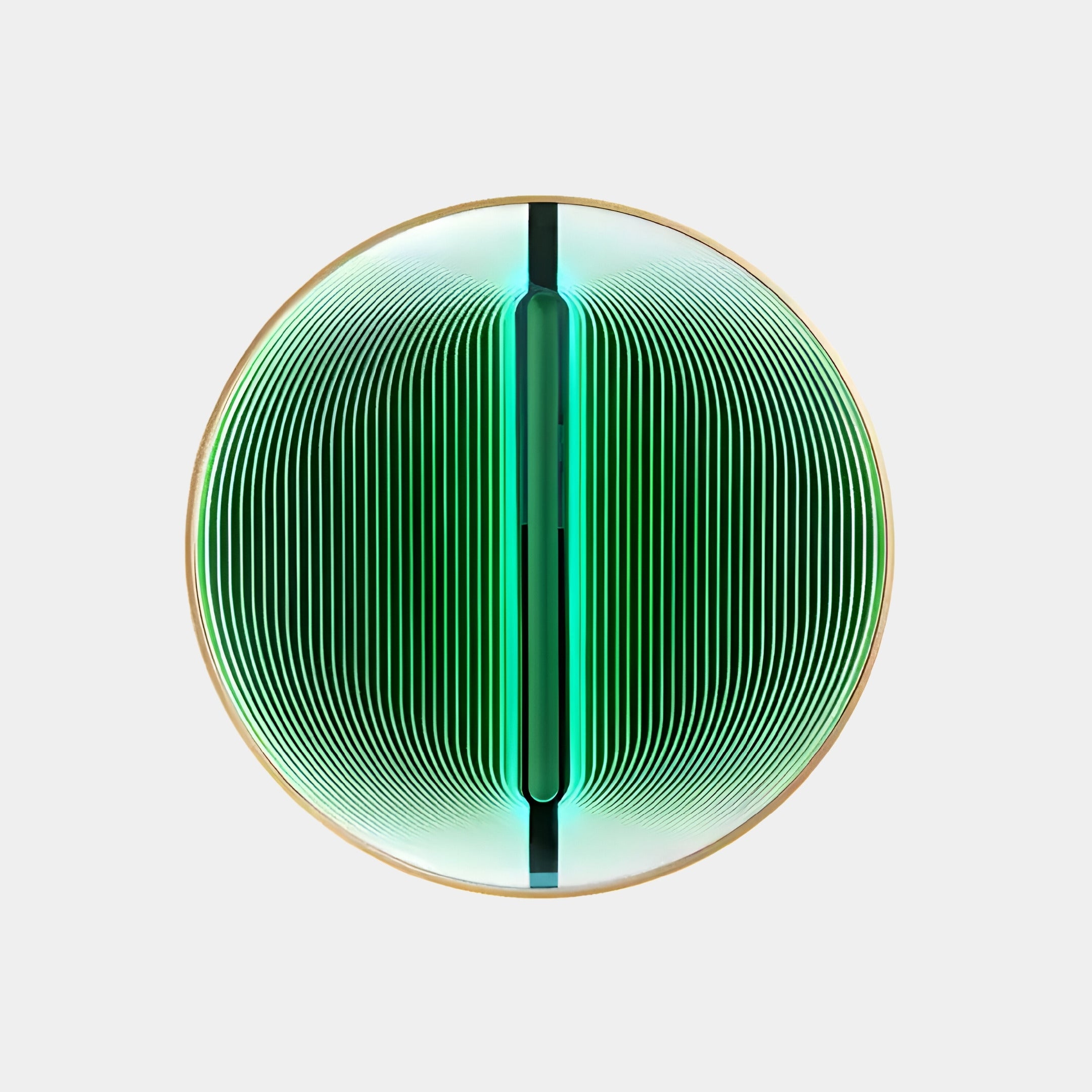 The Onyx Emerald Veil Acrylic 3D LED Wall Art by Giant Sculptures features a round fixture with concentric green lines, creating a radial pattern and glowing neon green effect, embodying modern artistry on a white background.