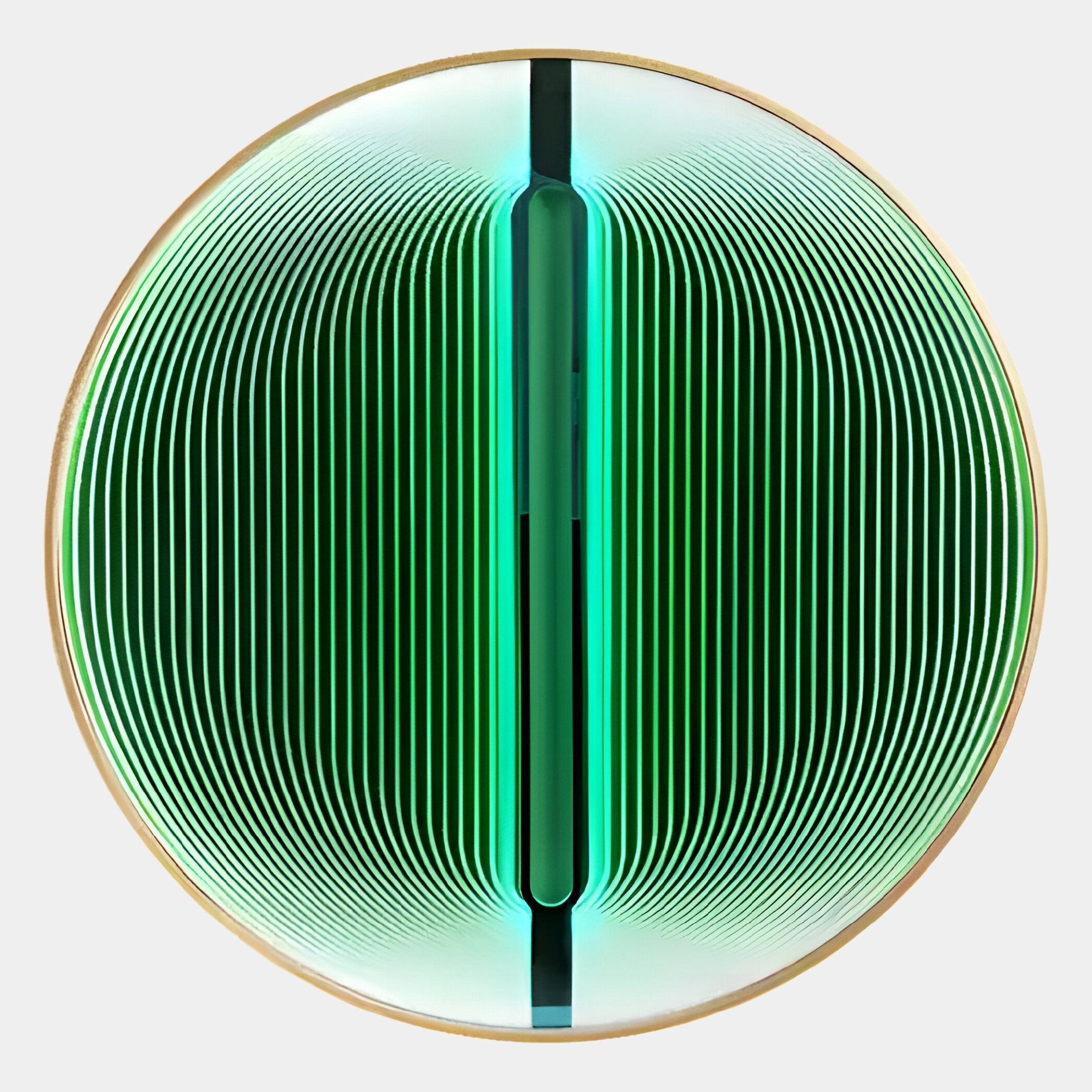 The Onyx Emerald Veil Acrylic 3D LED Wall Art by Giant Sculptures features layered, curved green lines radiating symmetrically from a glowing center bar, creating a futuristic, dimensional effect.