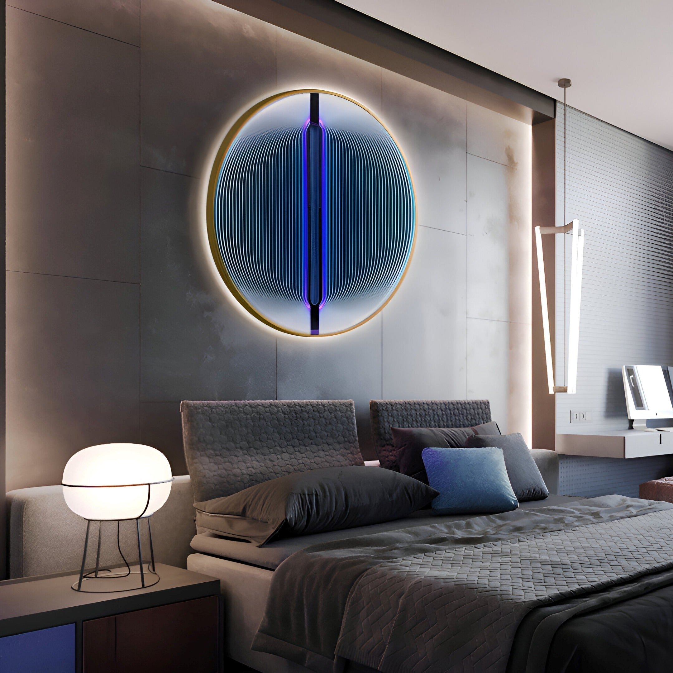 The modern bedroom showcases the Onyx Orchid Bloom Acrylic 3D LED Wall Art by Giant Sculptures above the bed, illuminated with blue and white lights. A stylish lamp with a rounded shade sits on a bedside table, enhancing the rooms contemporary aesthetic.