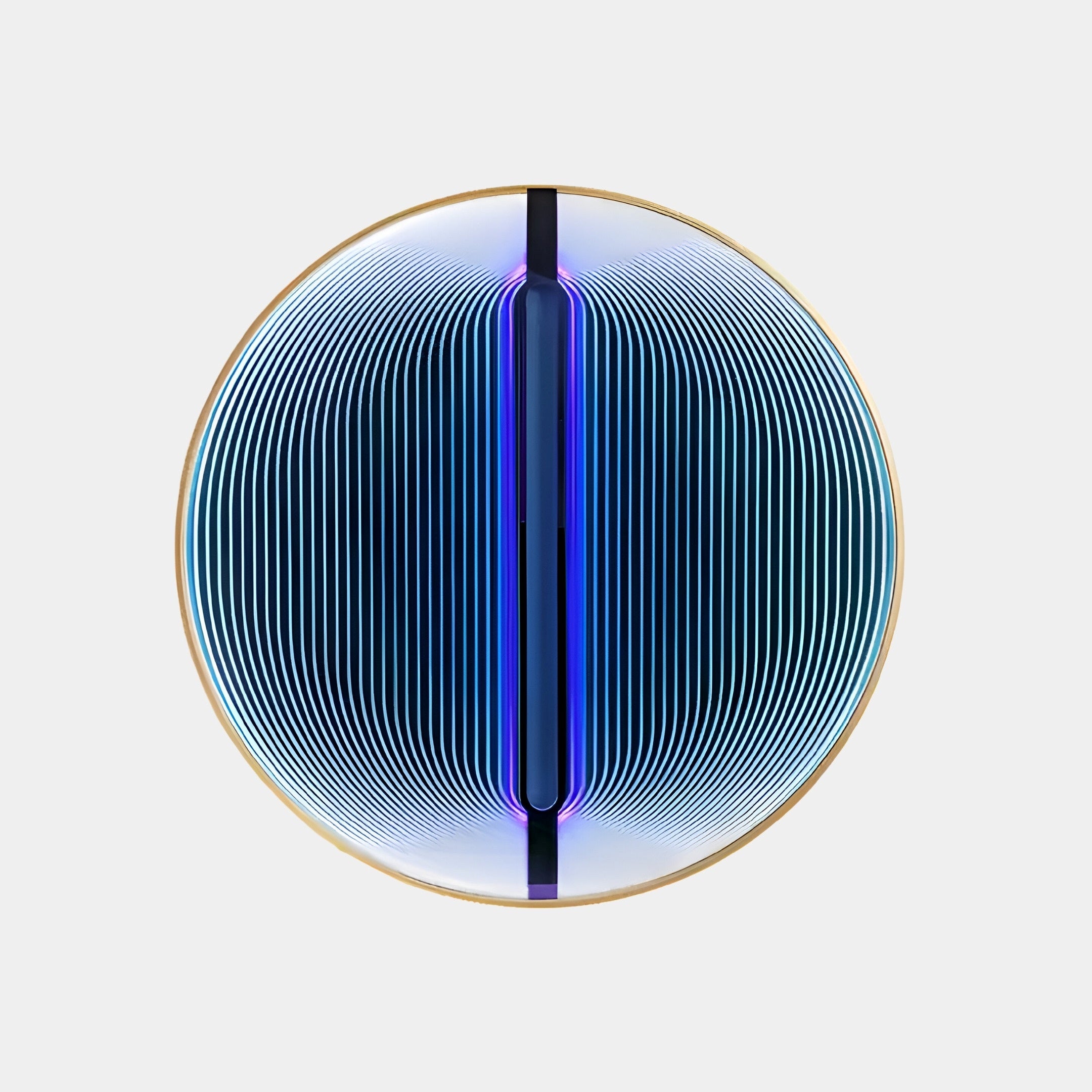 The Onyx Orchid Bloom Acrylic 3D LED Wall Art by Giant Sculptures features concentric blue lines radiating from a central black bar, surrounded by a thin gold border on white, creating an illusion of depth and symmetry like captivating wall art.