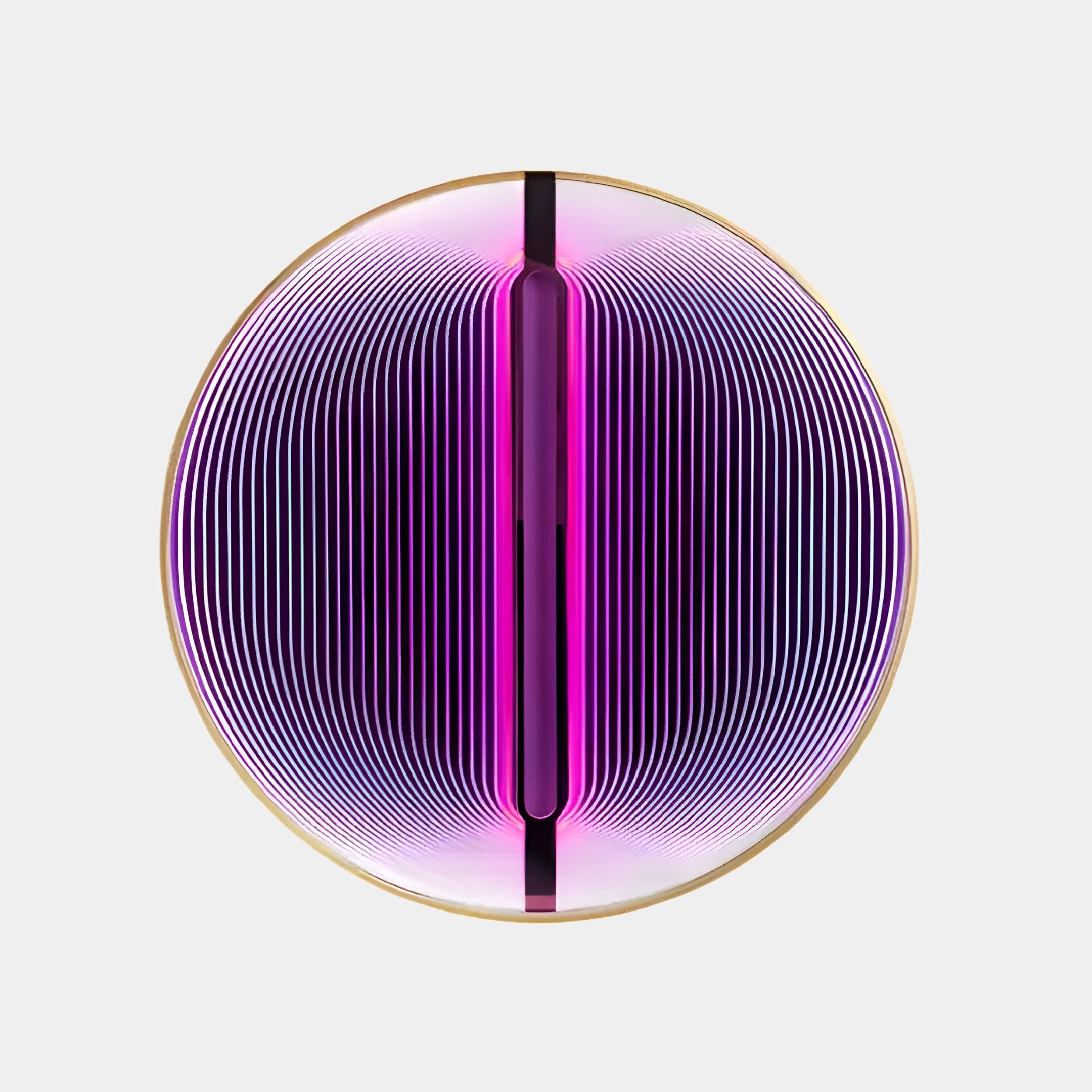 The Onyx Sapphire Depth Acrylic 3D LED Wall Art by Giant Sculptures features a circular abstract design with concentric lines and curves in purple, pink, and white. A vertical line creates symmetry, while a soft glow emanates from its center.