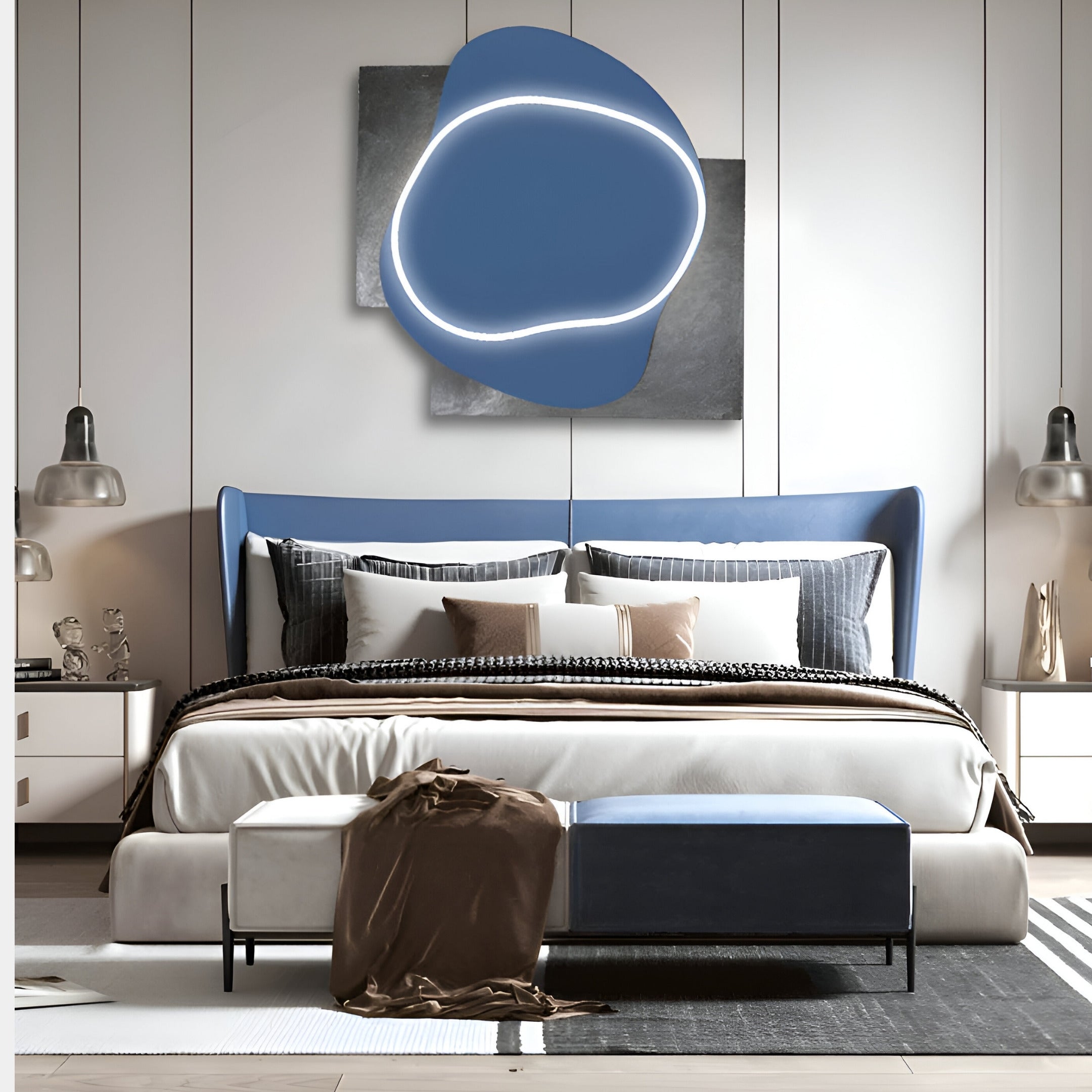 A modern bedroom displays a stylish bed with blue and gray pillows and a beige throw. Above, Giant Sculptures Gleam Azure Elegance 3D Leather LED Wall Art illuminates the room. Pendant lights flank both sides, and a bench is elegantly placed at the beds foot.