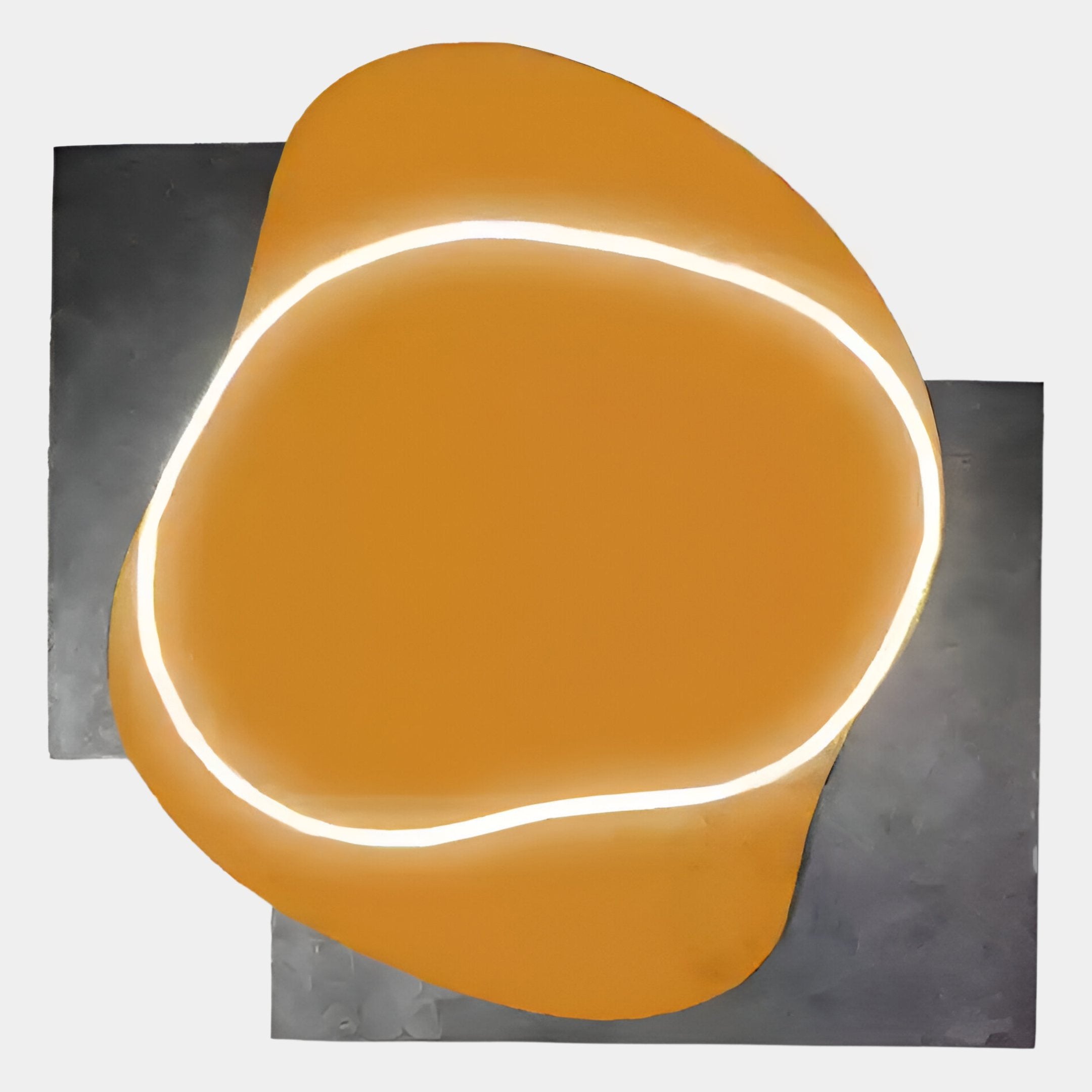 The Gleam Amber Glow 3D Leather LED Wall Art by Giant Sculptures features an abstract orange form with an amber glow, white-lit outline, and layered dark gray rectangles on a light background.