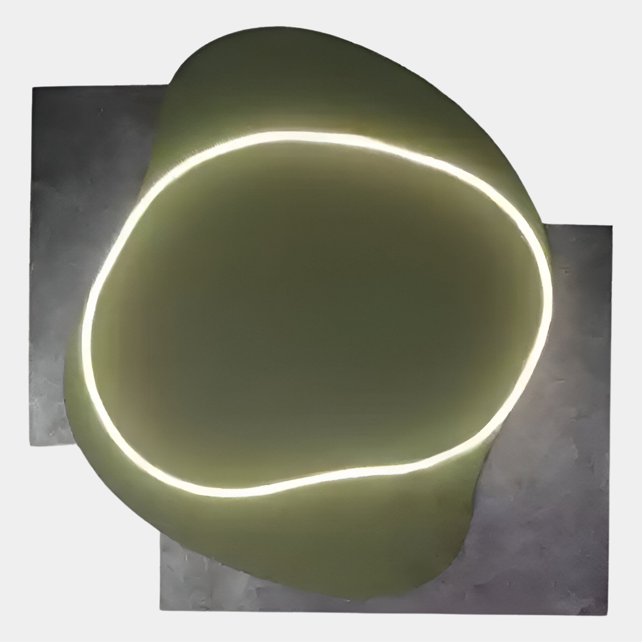 The Gleam Olive Serenity 3D Leather LED Wall Art by Giant Sculptures features a soft green blob outlined in glowing white neon over a textured gray backdrop, adding a modern accent to any space.