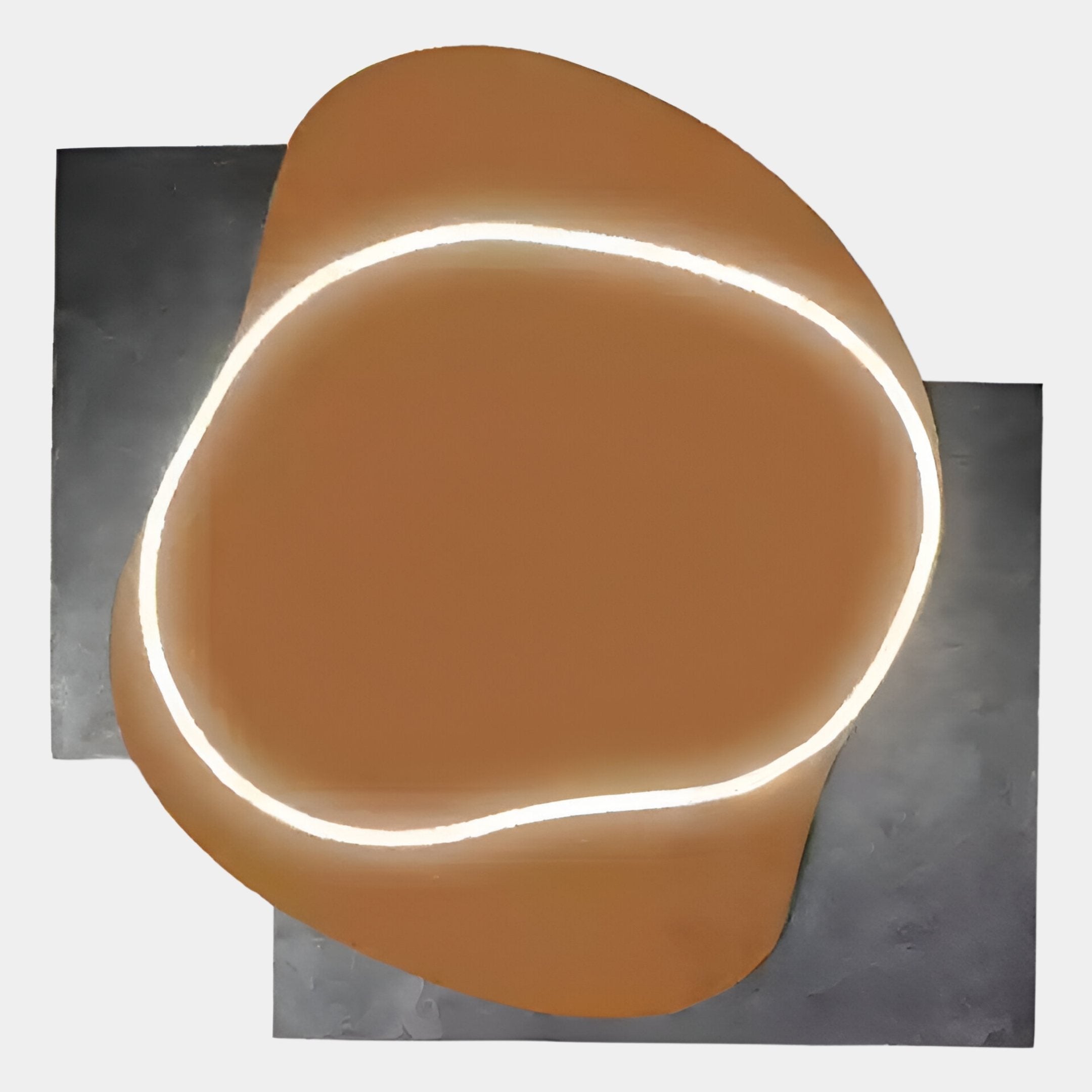 Giant Sculptures’ Gleam Russet Harmony 3D Leather LED Wall Art features hand-painted craftsmanship: a glowing white curve on a rounded russet form, set over two overlapping dark gray rectangles for striking modern appeal.