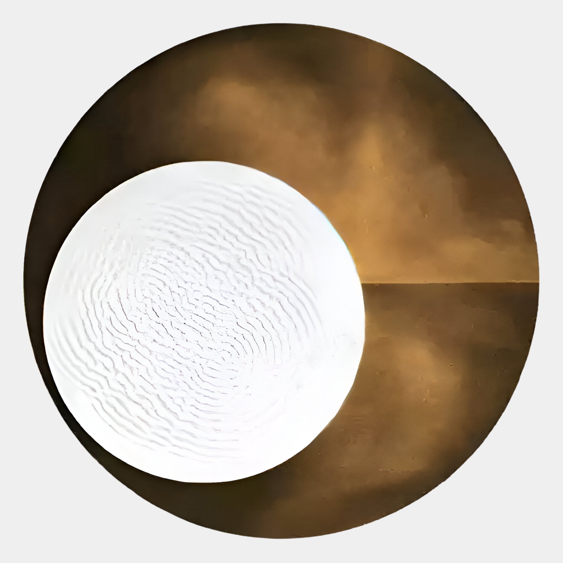 The Flaria Golden 3D LED Wall Art Geometric Sandstone by Giant Sculptures features a white textured circle overlapping a bronze grid-patterned circle, adding modern abstract elegance against a light gray background.