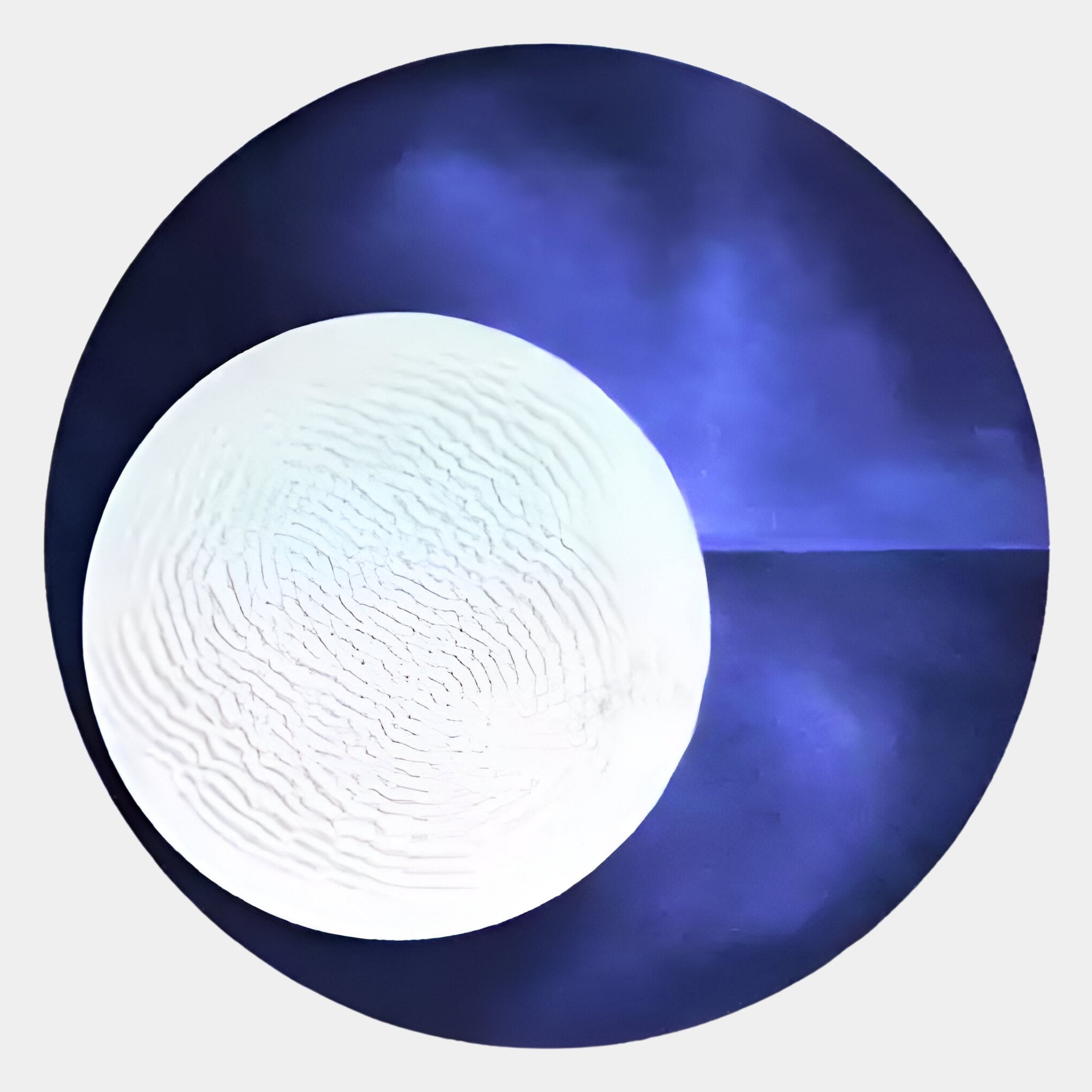The Flaria Twilight 3D LED Wall Art Geometric Sandstone by Giant Sculptures features a large white textured circular disc layered over a dark blue and purple night-sky-inspired background with subtle gradients and a horizon.