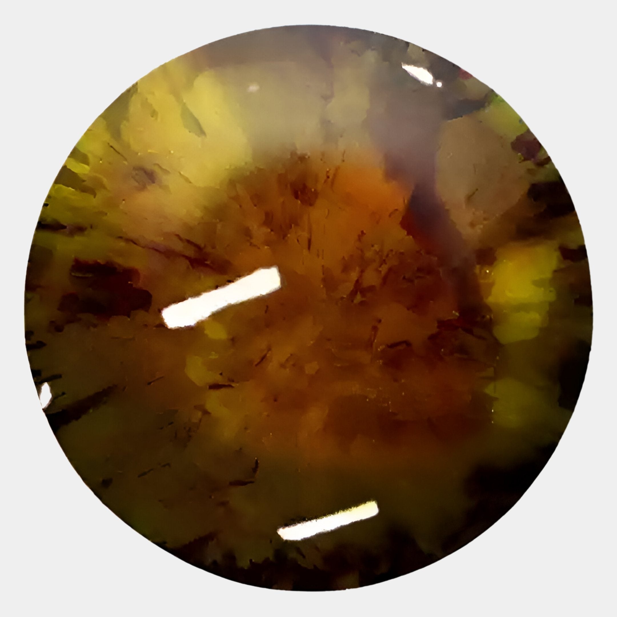 A close-up of Vitreon 3D Amber Crystal Porcelain Wall Art by Giant Sculptures shows its round, polished gemstone look with swirling yellow, brown, and orange hues—ideal for adding elegance to your interior décor.