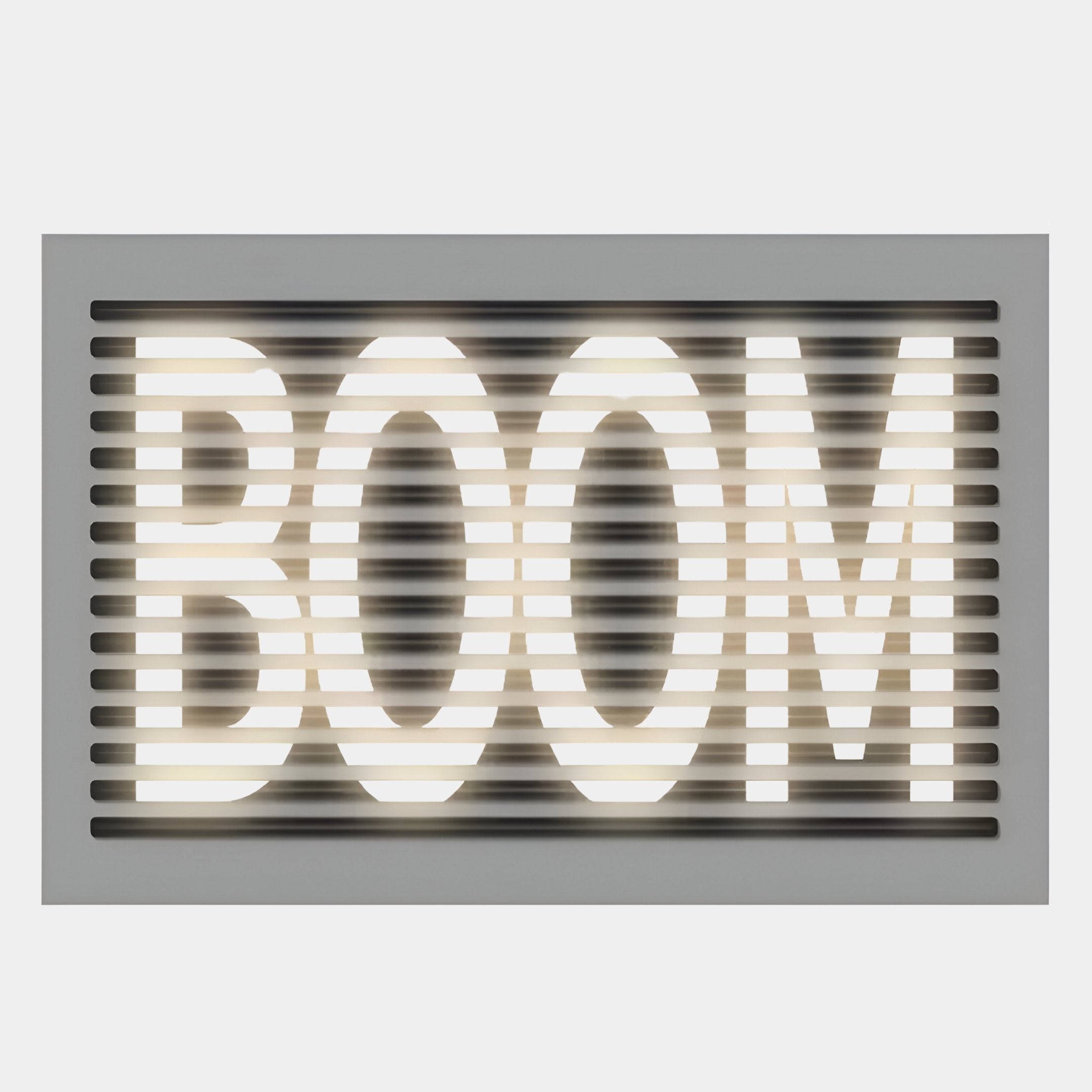 The Aurova I Contemporary Glow 3D LED Wall Art by Giant Sculptures features BOOM in bold white LED letters, partially hidden by sleek gray slats, creating a modern industrial-inspired look.