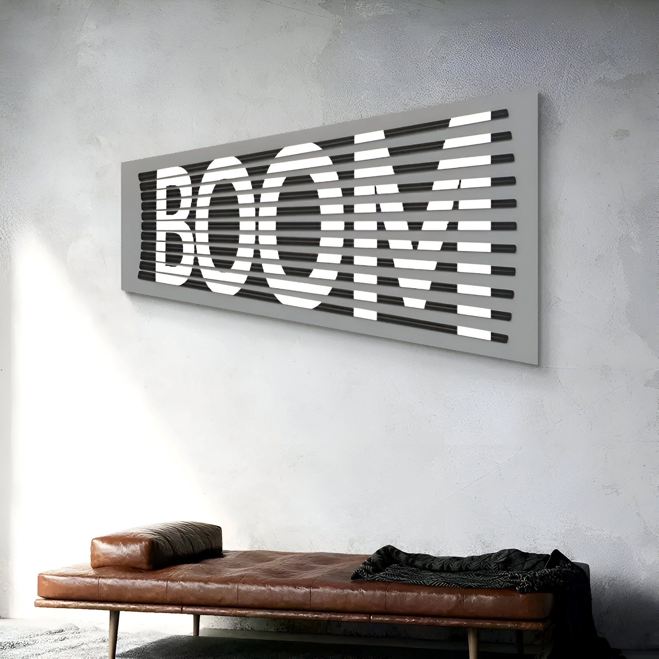 Angled view of modern wall art featuring the word BOOM illuminated through horizontal slats, adding a dynamic touch to contemporary interiors.