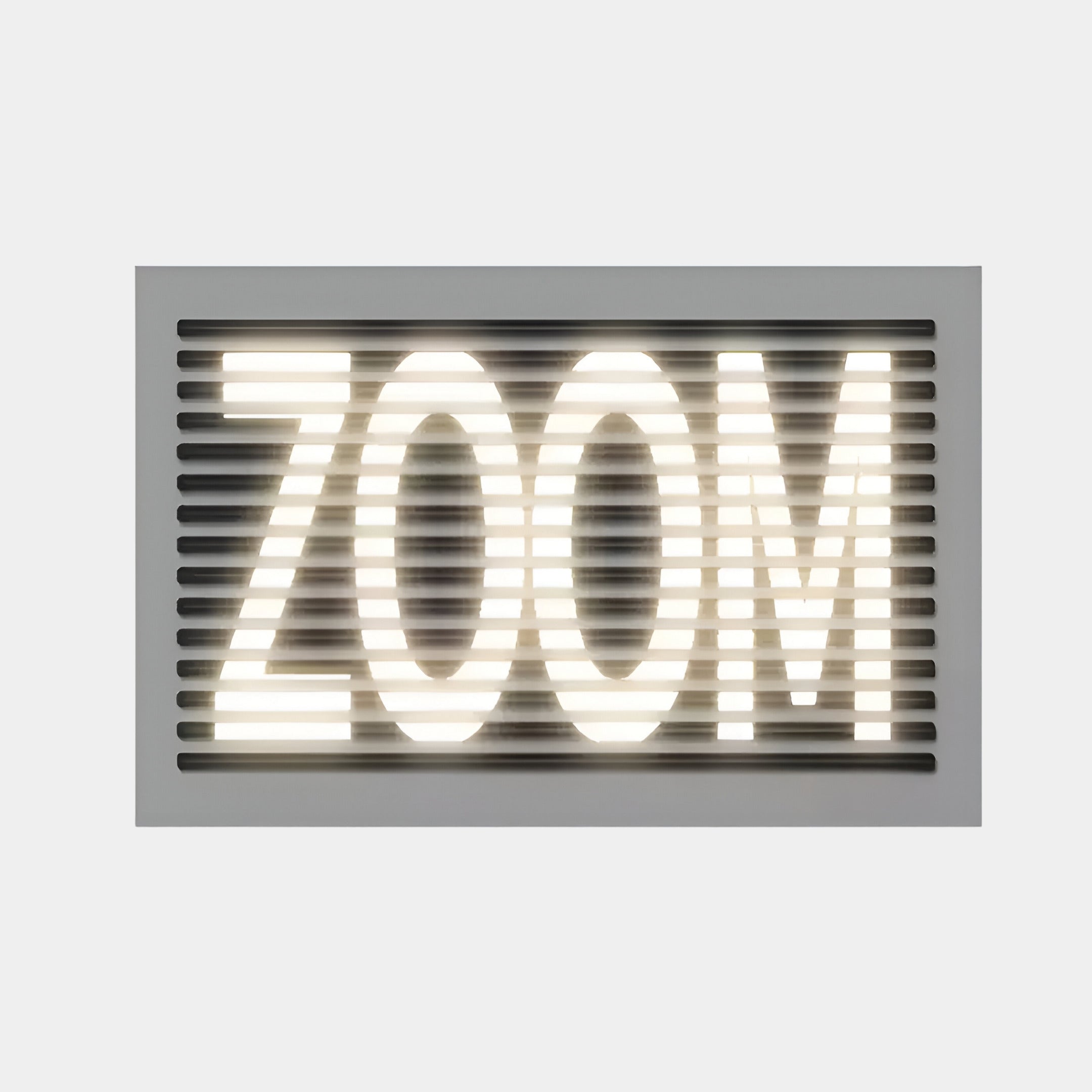 Illuminated wall art featuring the word ZOOM in a bold typographic design with horizontal slats, creating a striking visual for modern interiors.